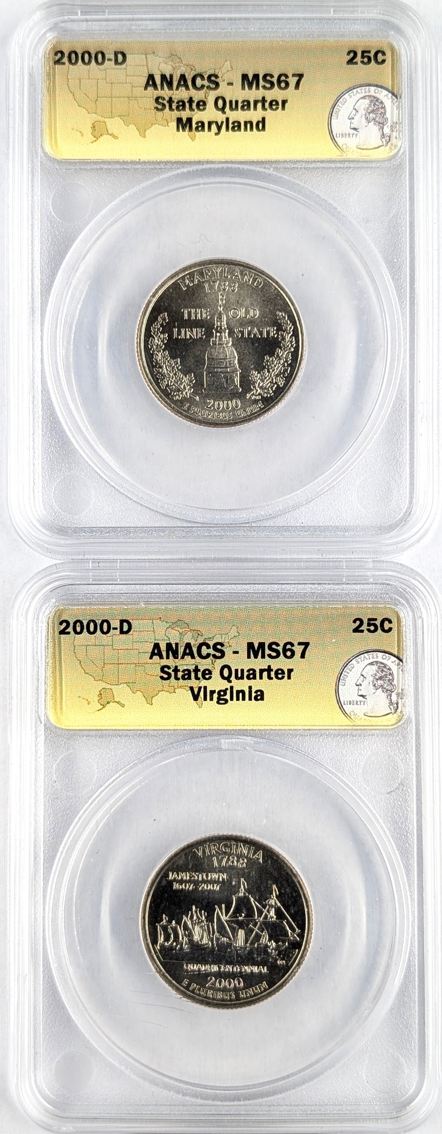 Lot of 2 Anacs MS67 2000-D Maryland and Virginia Quarters: _