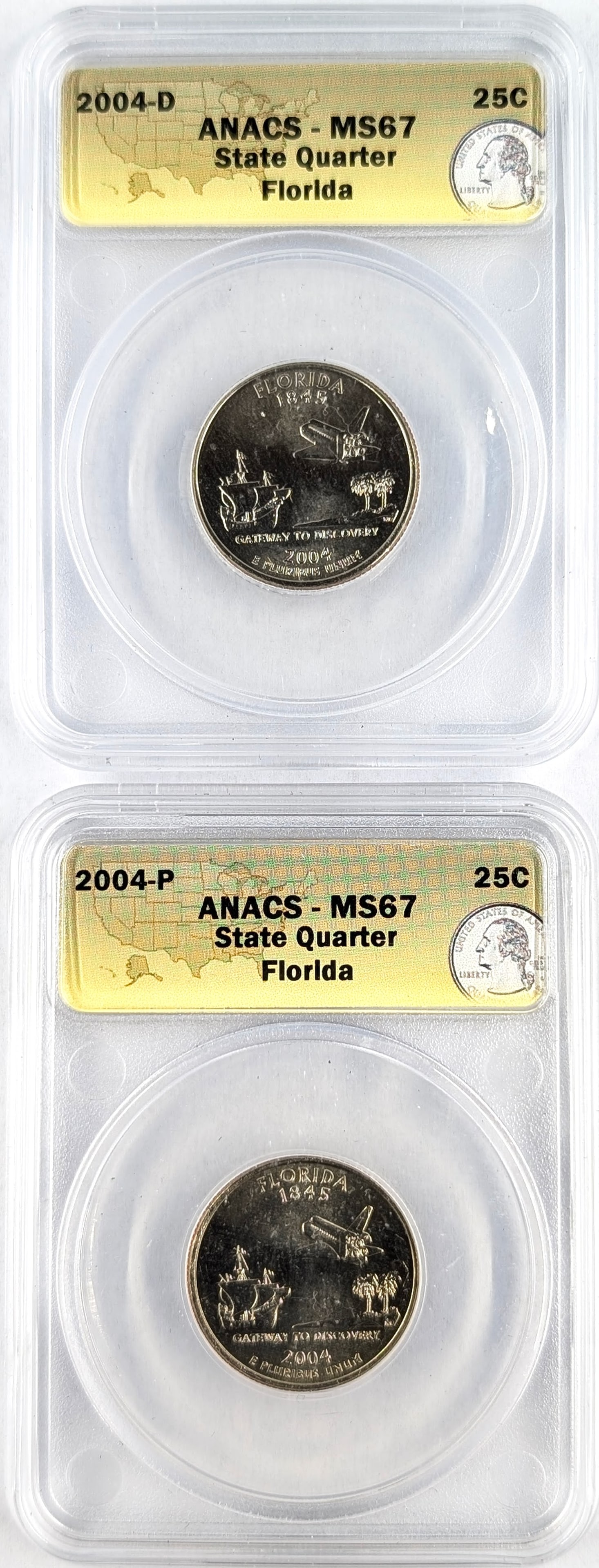 Lot of 2 Anacs 2004-D/P MS67 Florida State Quarters: _