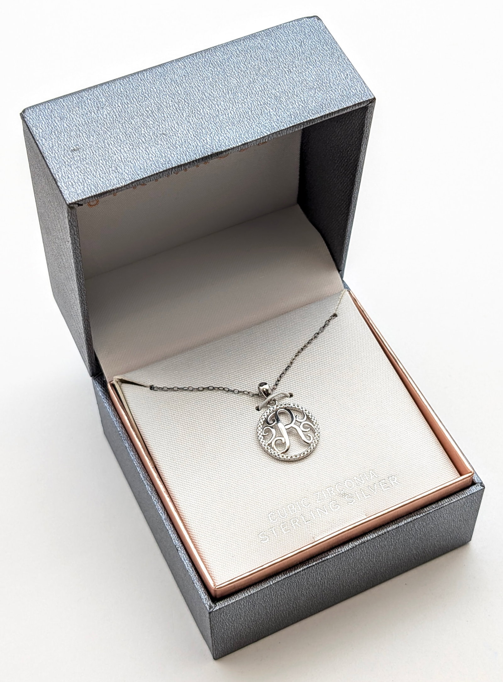 New in Box Primrose Sterling Silver Necklace w/ R Initial: _