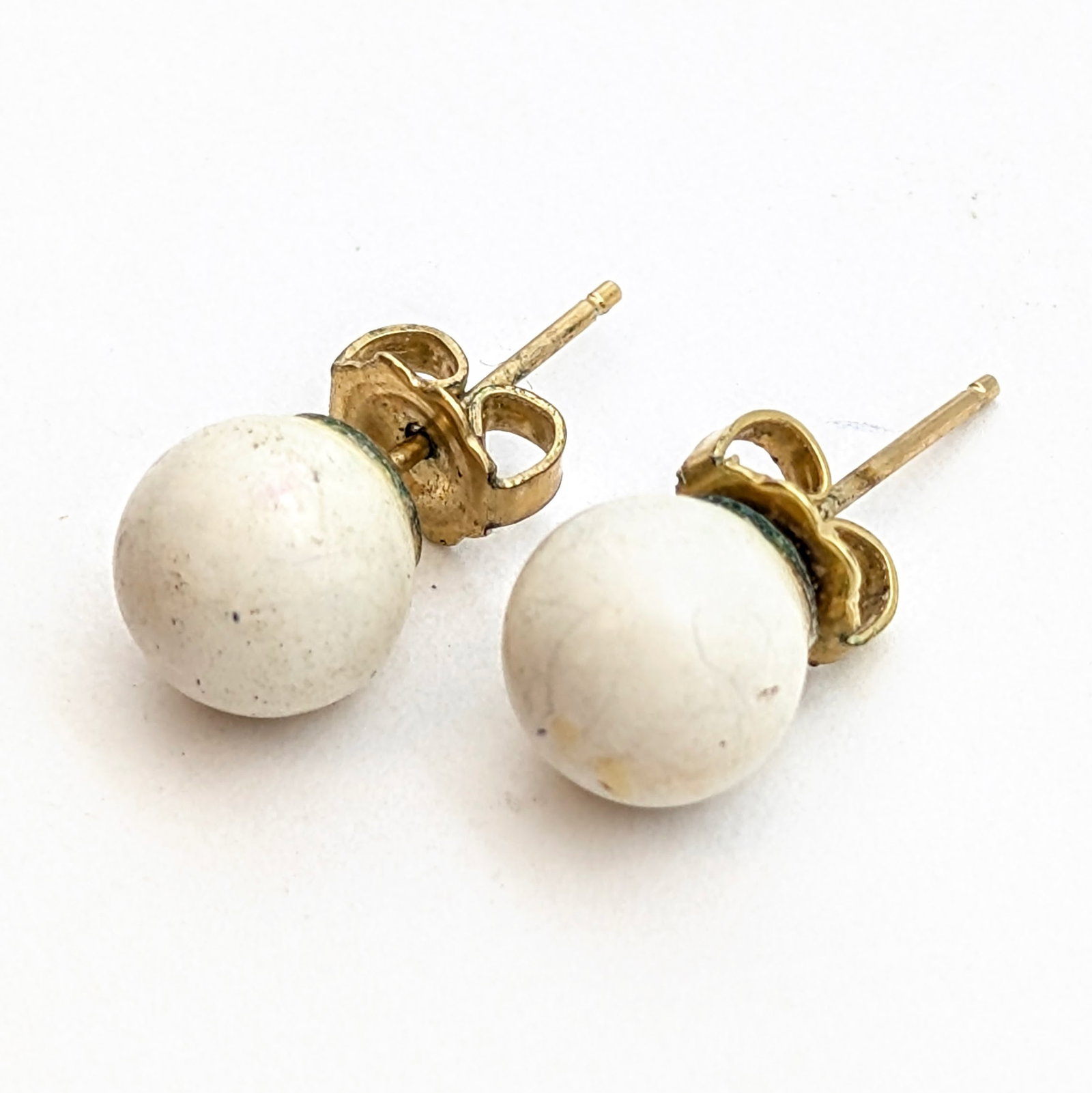 Vintage Gold Filled White Spherical Stud Earrings - 2