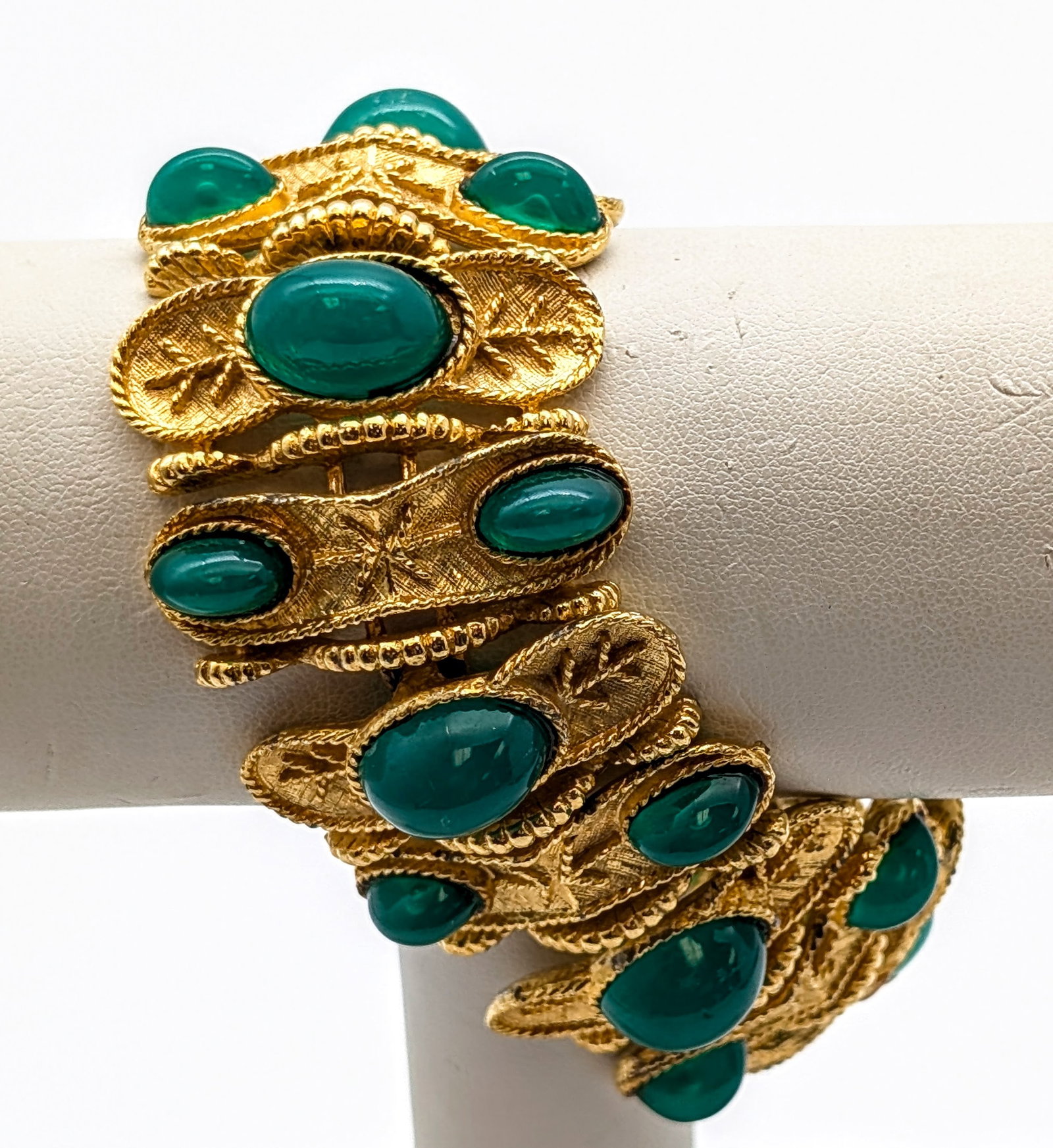 Vintage Gold Toned Statement Bracelet w/ Green Stones: _