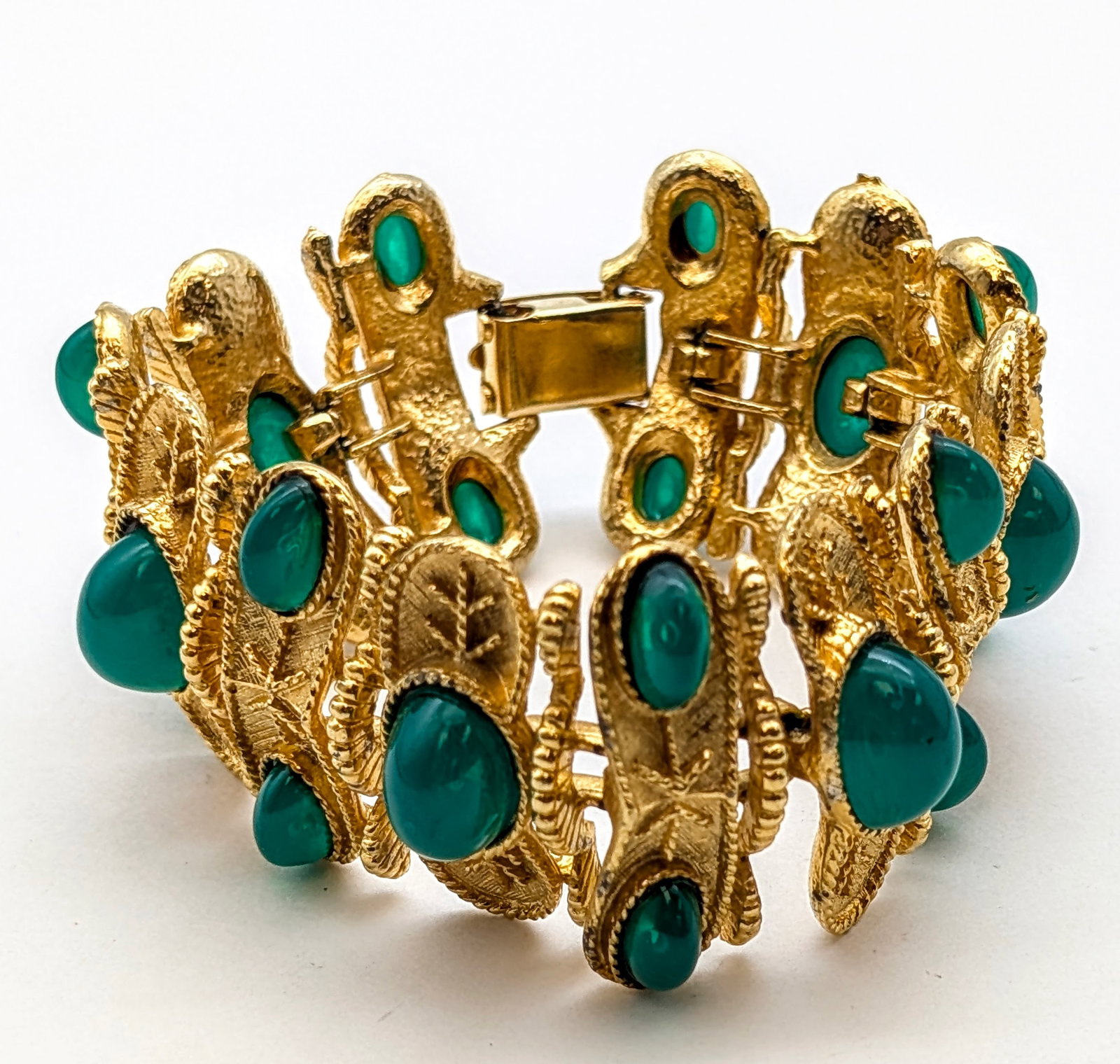 Vintage Gold Toned Statement Bracelet w/ Green Stones - 2