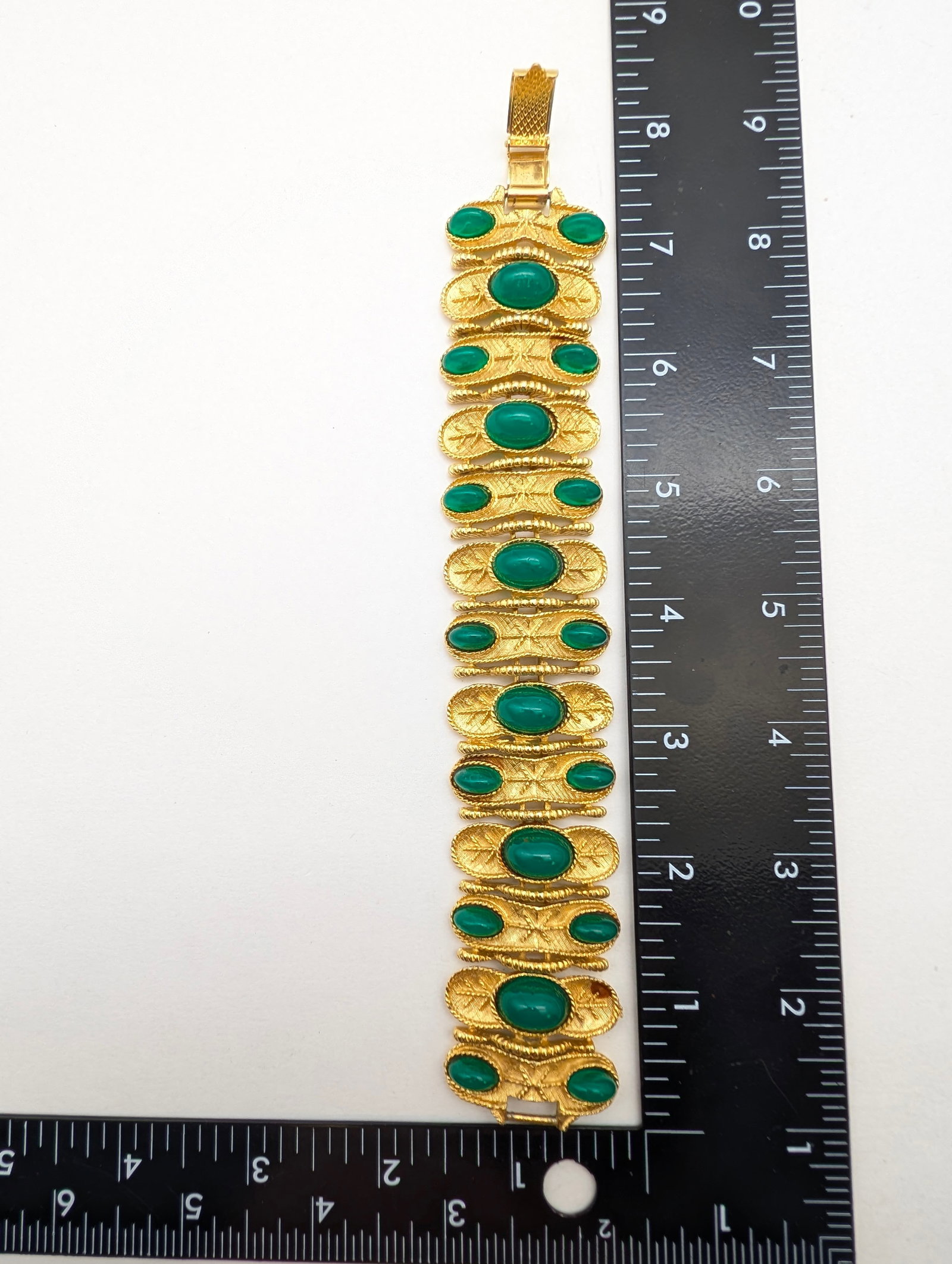 Vintage Gold Toned Statement Bracelet w/ Green Stones - 3