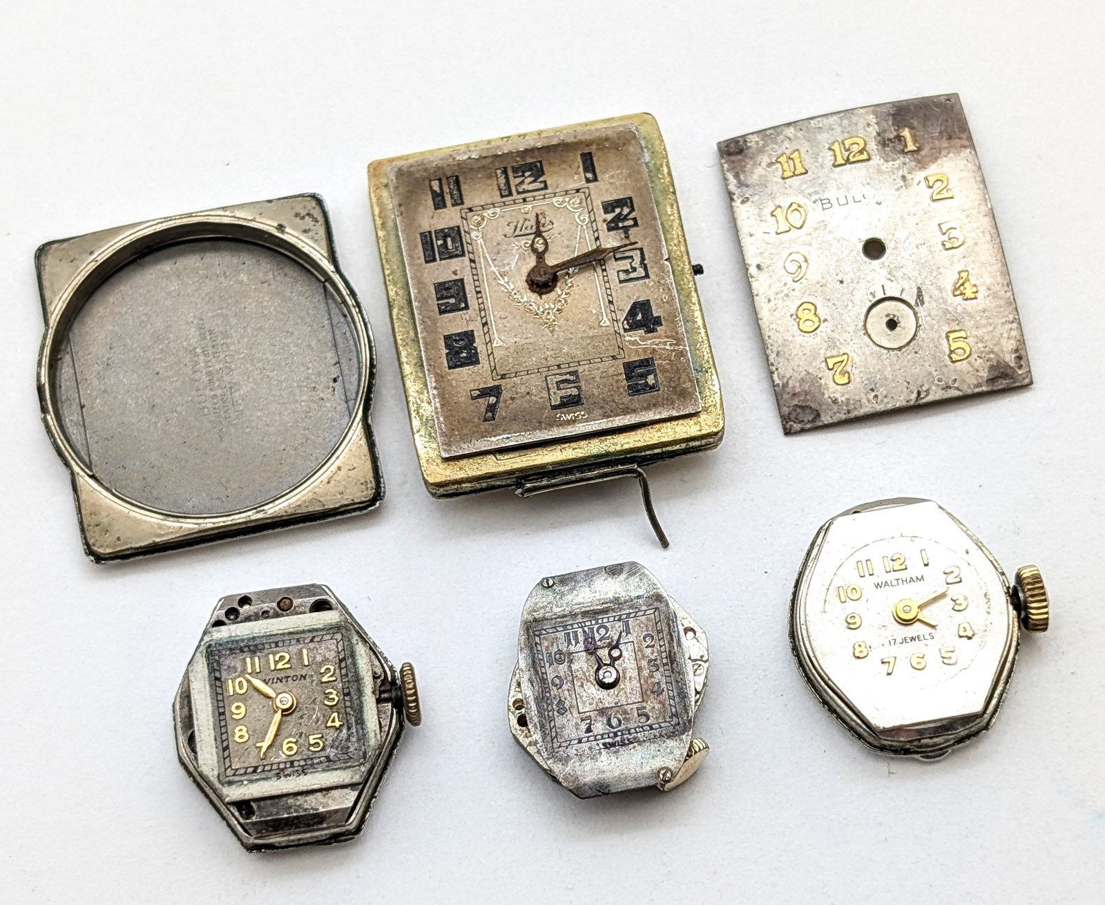 Lot of 6 Vintage Watch Faces & Cases- Parts Repair: Includes Brands Bulova, Waltham, & Winton
