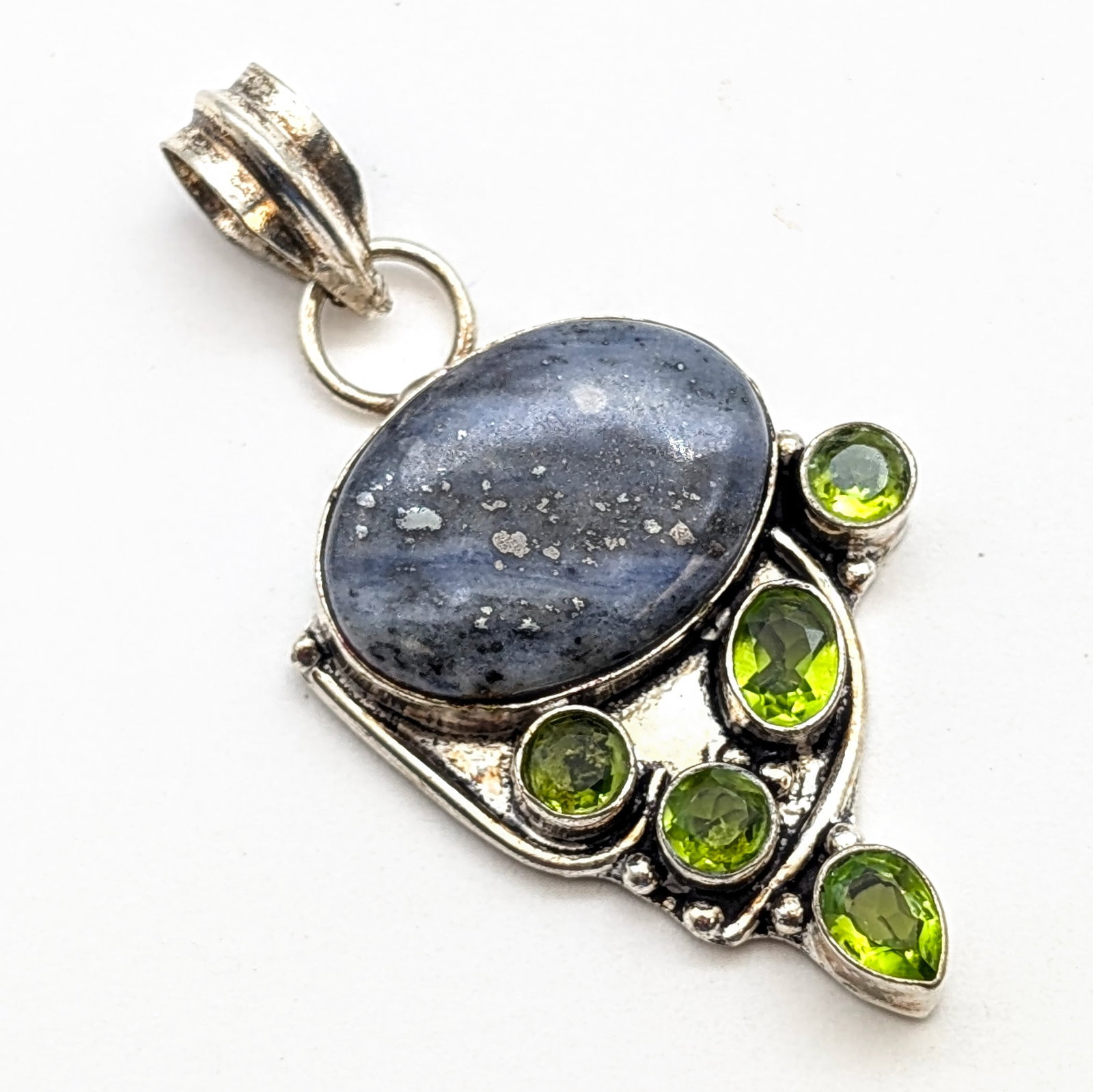 Sterling Silver Artisan Pendant w/ Beautiful Center Stone & Green Stones: _