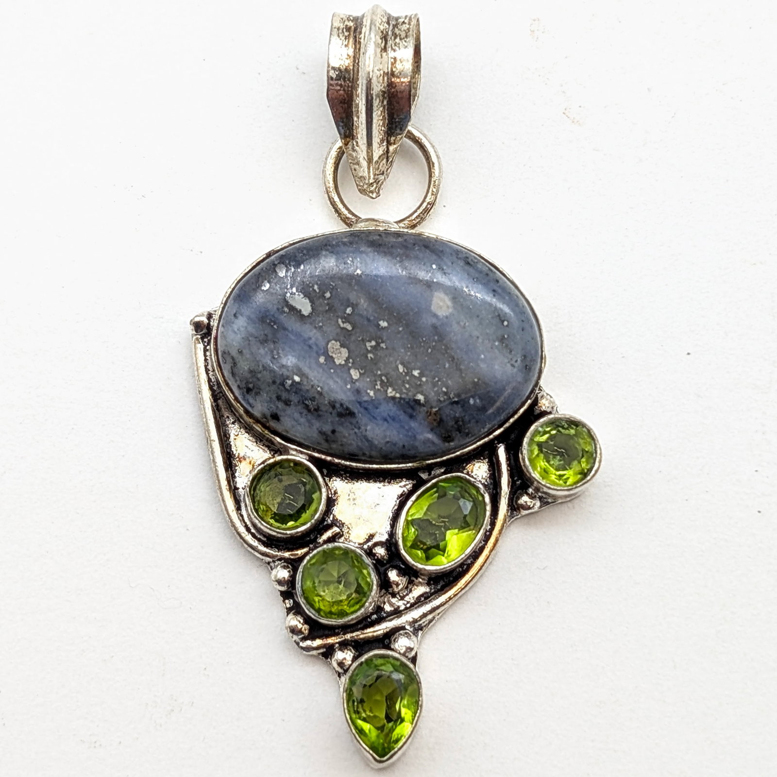 Sterling Silver Artisan Pendant w/ Beautiful Center Stone & Green Stones - 2