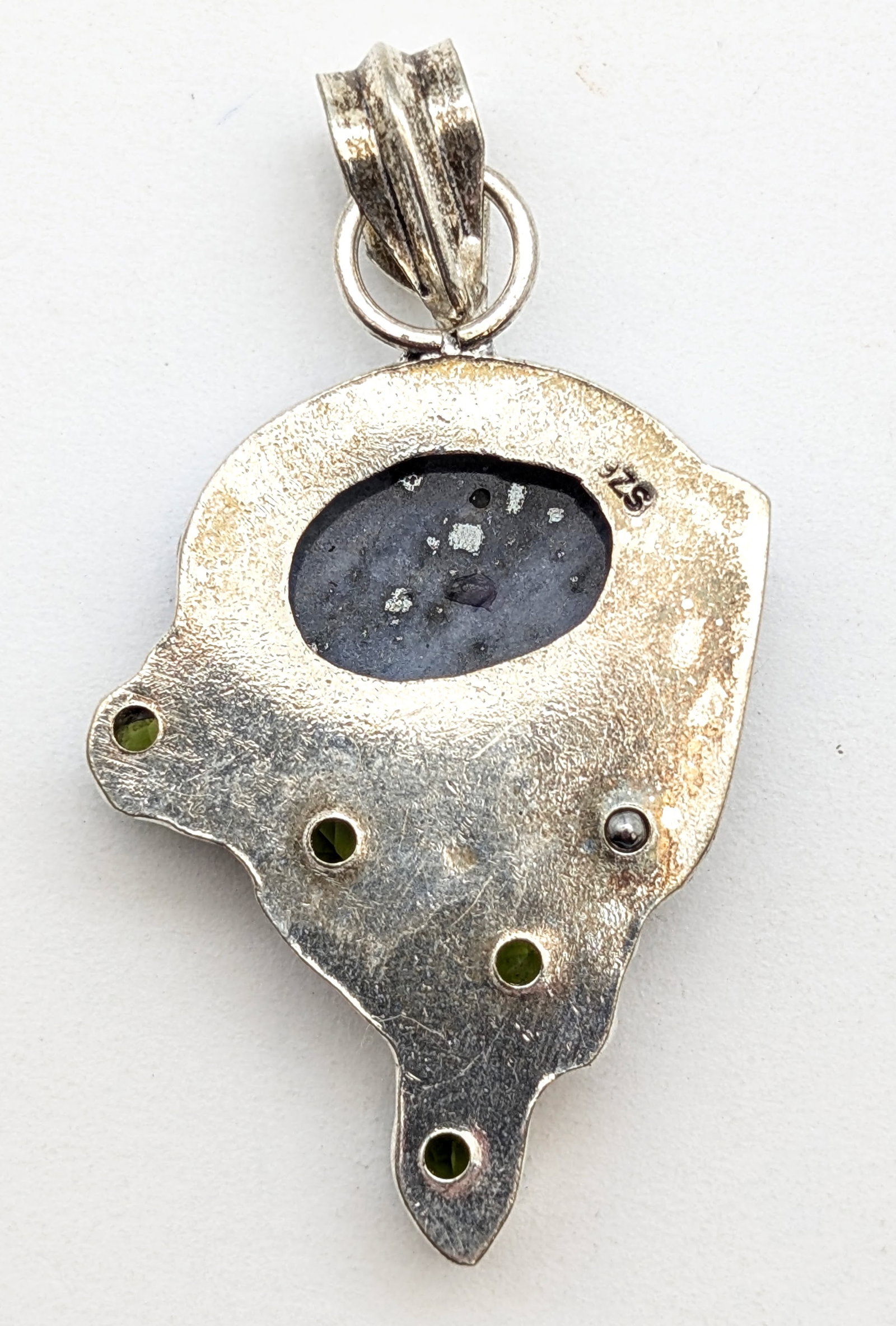 Sterling Silver Artisan Pendant w/ Beautiful Center Stone & Green Stones - 3
