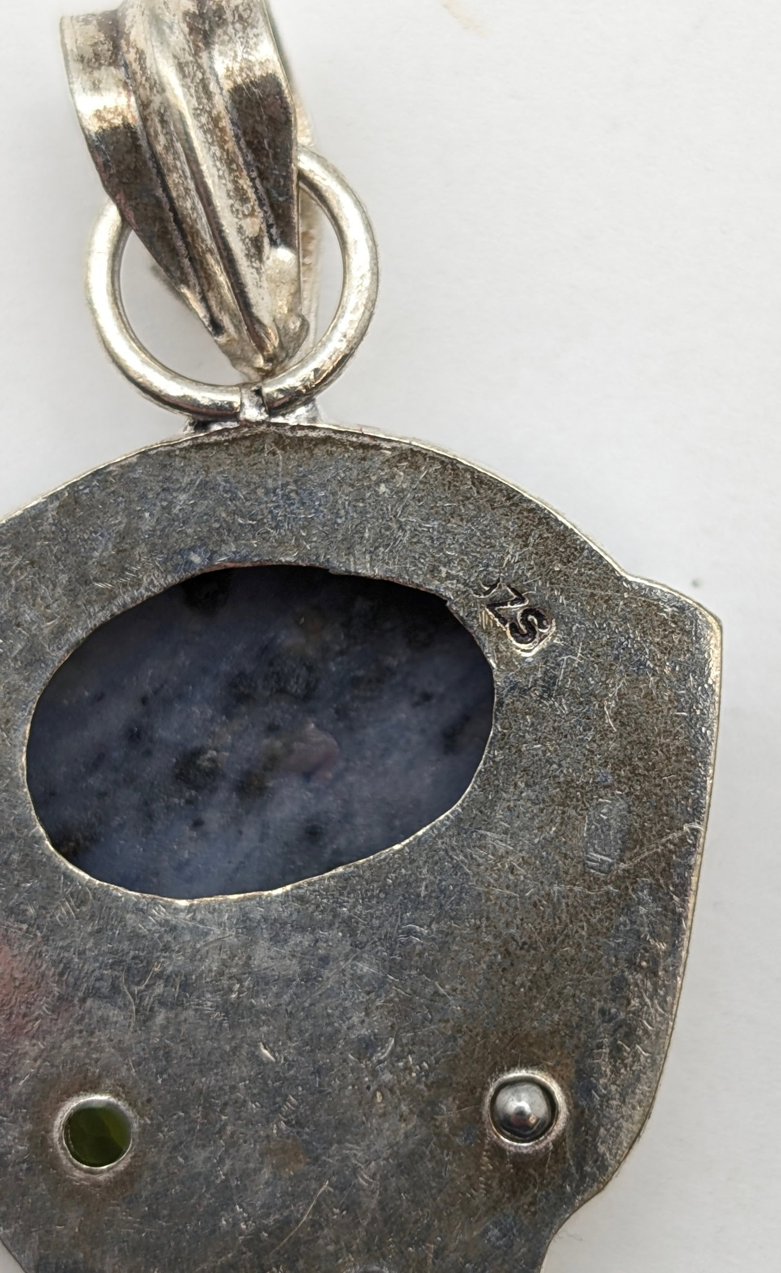 Sterling Silver Artisan Pendant w/ Beautiful Center Stone & Green Stones - 4