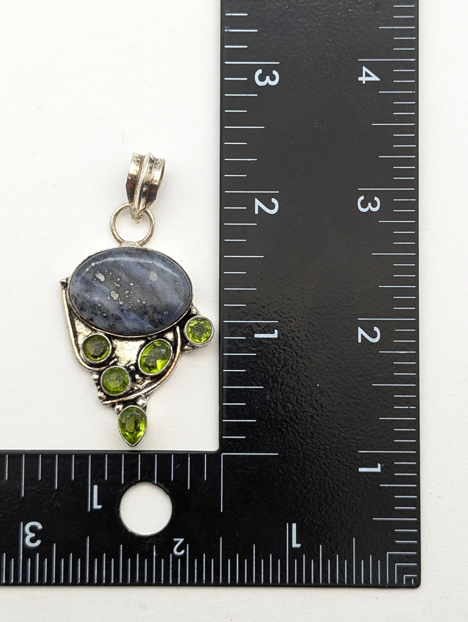 Sterling Silver Artisan Pendant w/ Beautiful Center Stone & Green Stones - 5