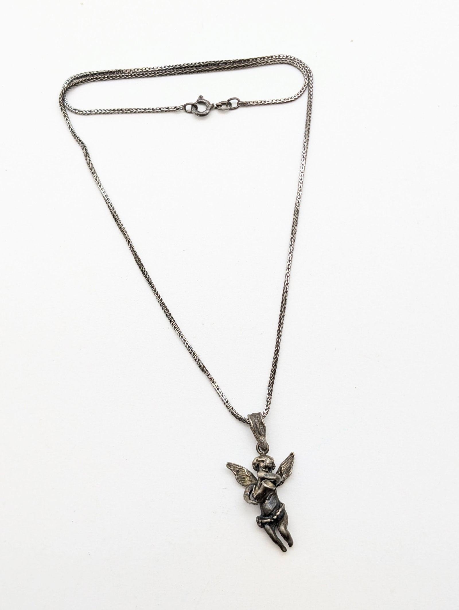 Vintage Sterling Silver Necklace w/ Cherub Pendant: Length: 20in
