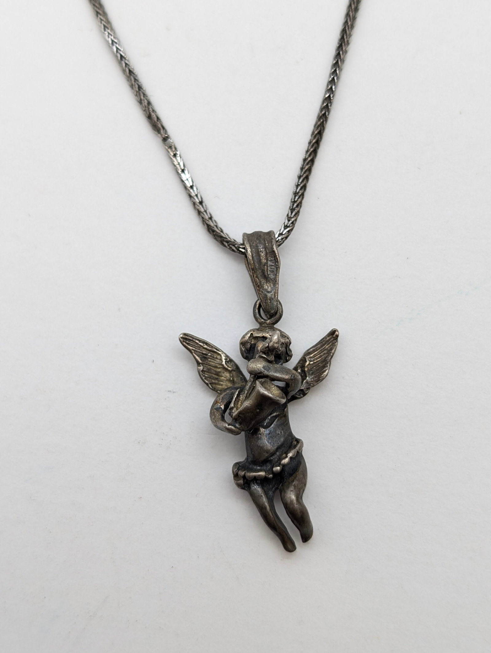 Vintage Sterling Silver Necklace w/ Cherub Pendant - 2