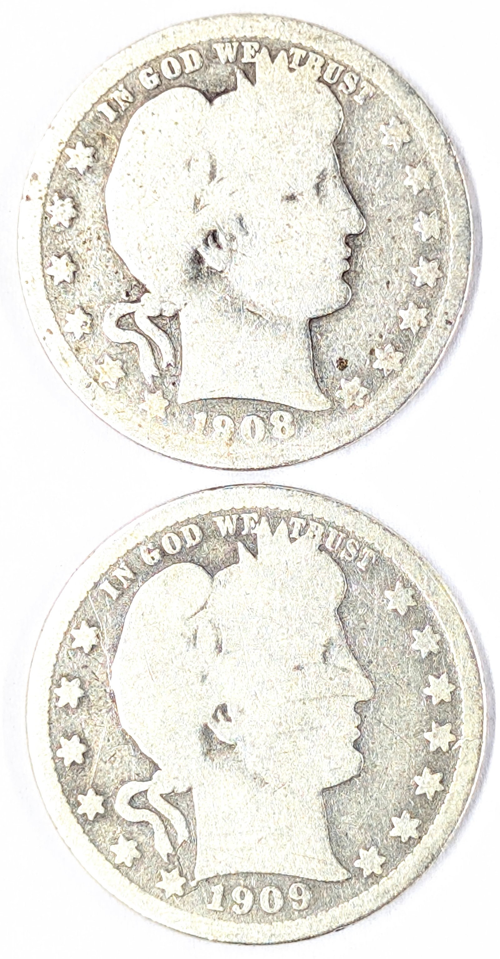 Lot of 2 Barber Quarters - 1908-O 1909: _