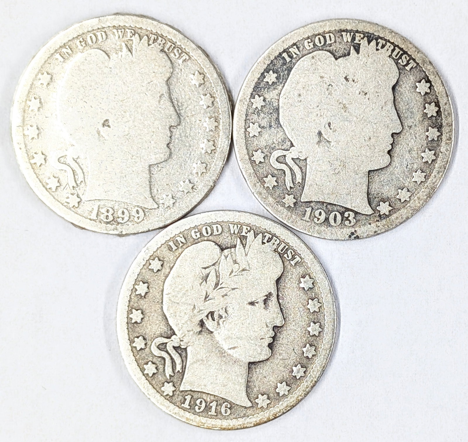 Lot of 3 Barber Quarters - 1899 1903 & 1916-D: _