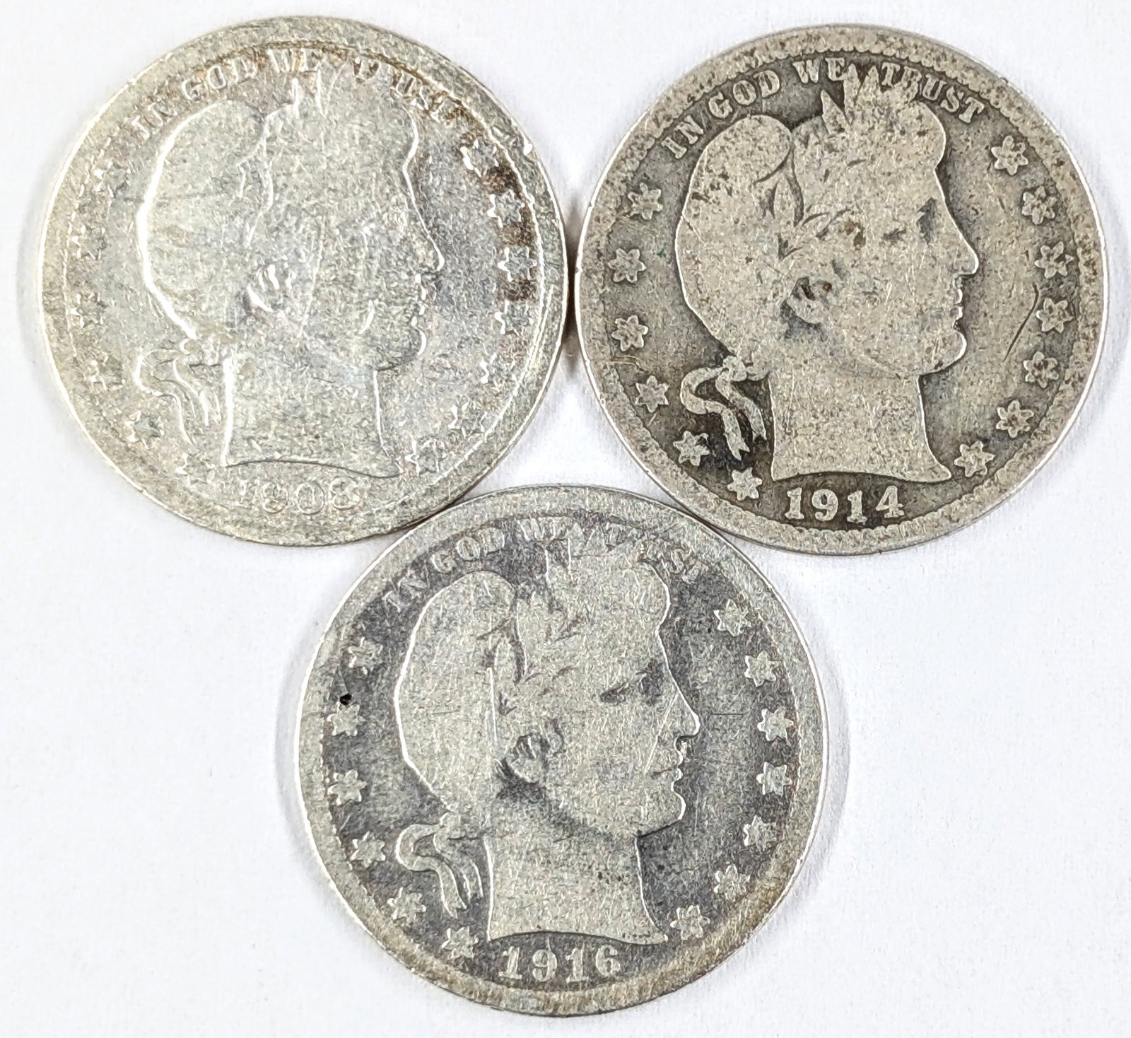 Lot of 3 Barber Quarters - 1908-O 1914D & 1916-D: _