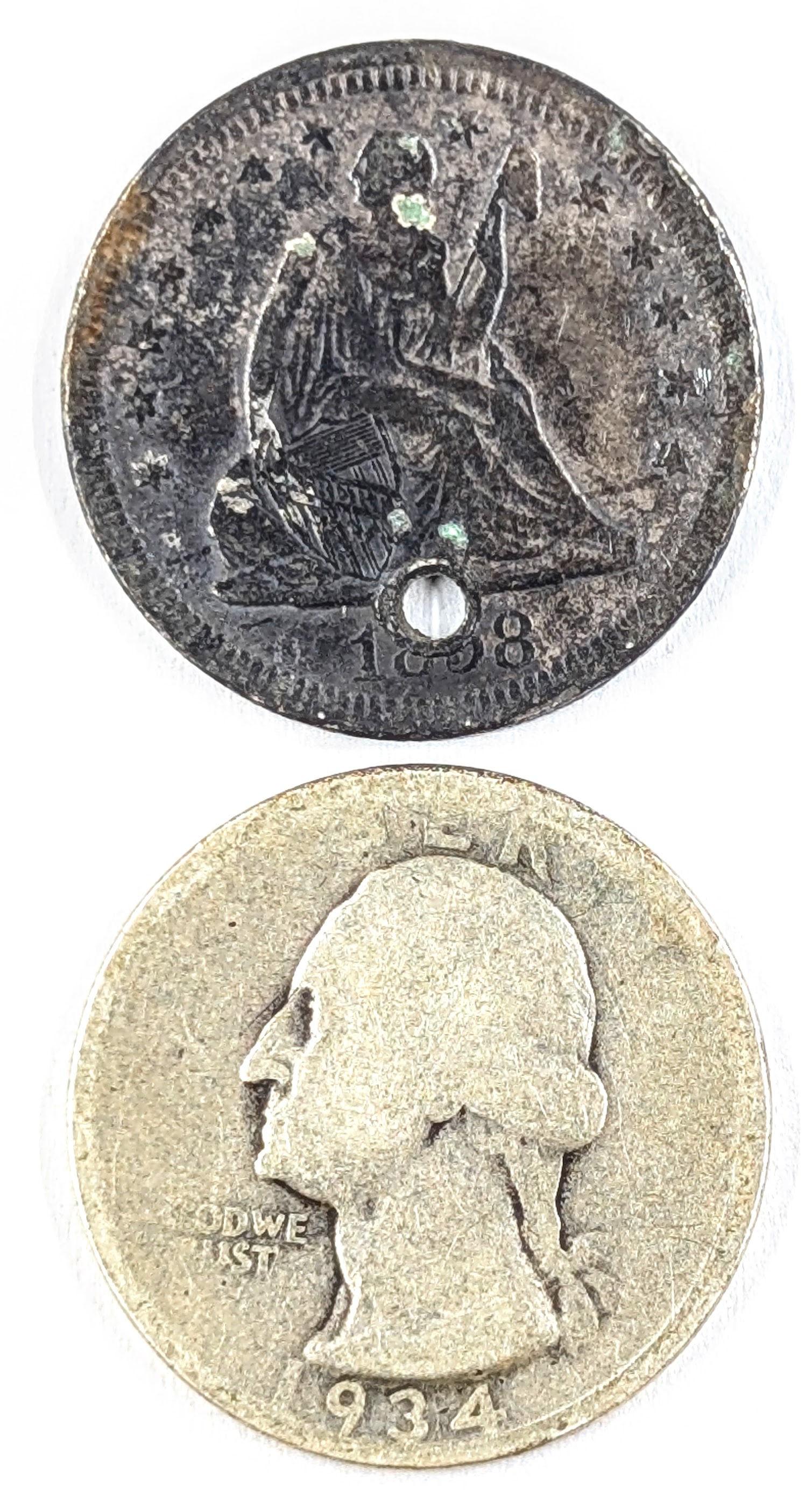 Lot of 2 Silver Quarters - Seated 1838 w/hole and 1934 Washington: _