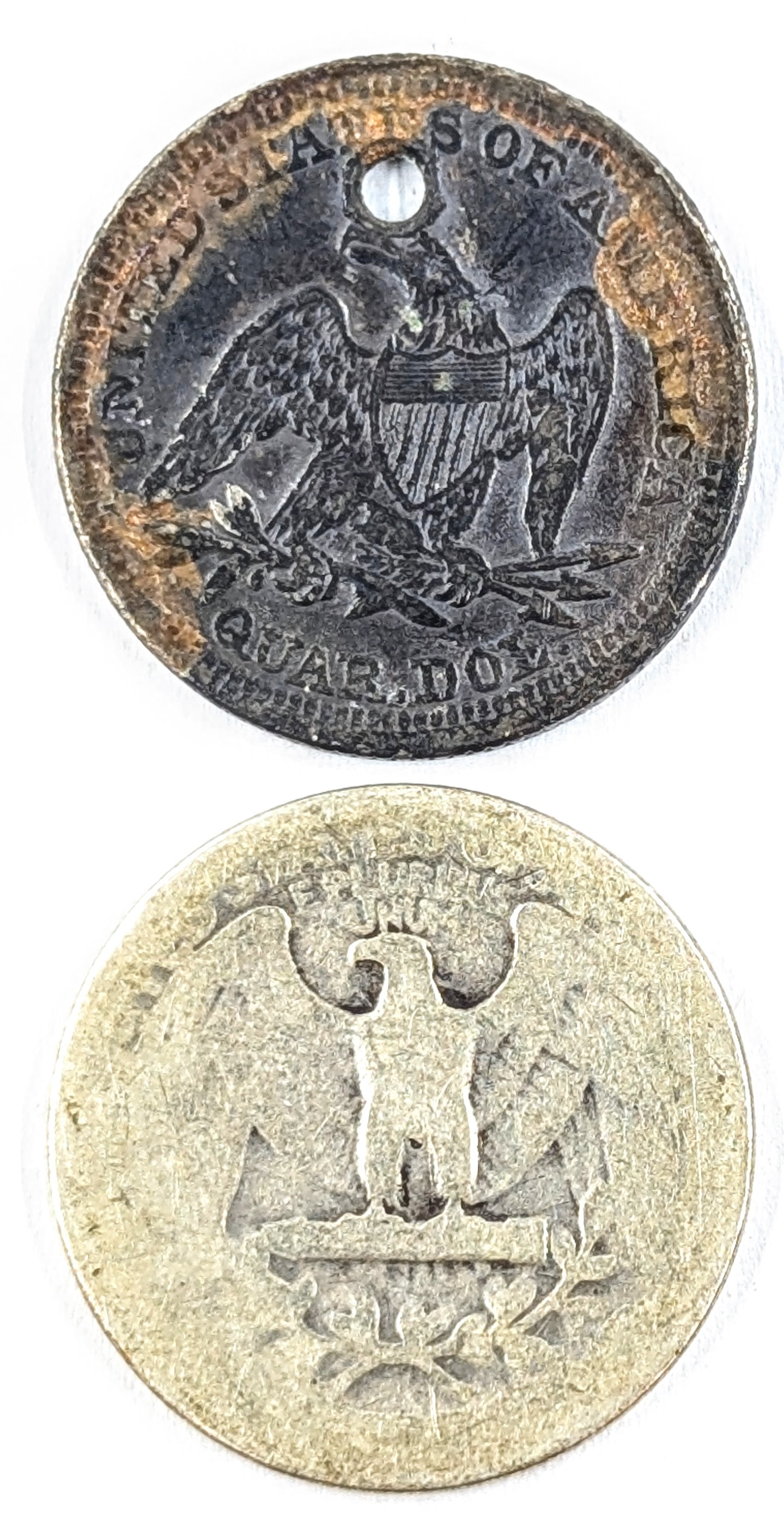 Lot of 2 Silver Quarters - Seated 1838 w/hole and 1934 Washington - 2