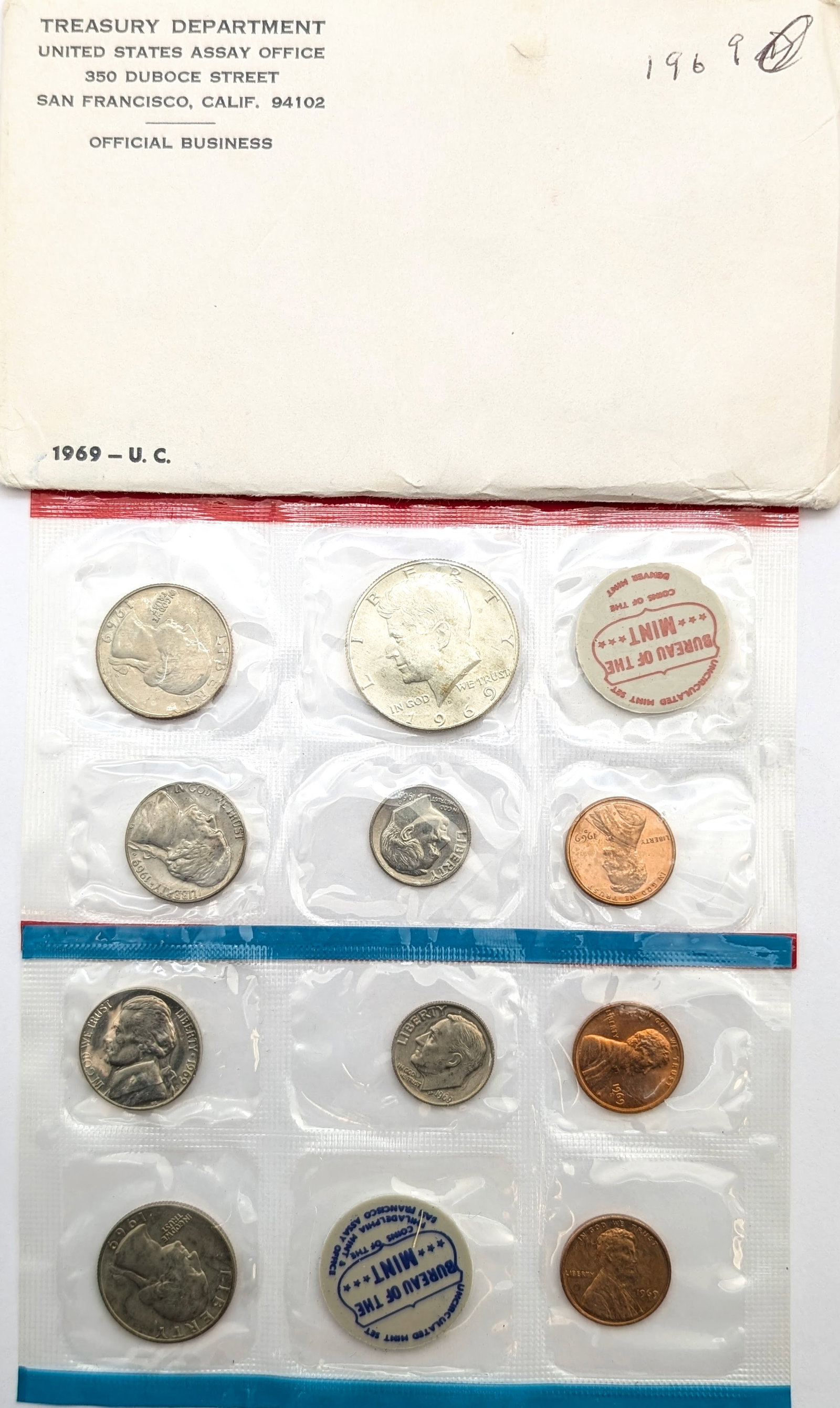 1969 US Mint Uncirculated Set w/ Silver JFK Half: _