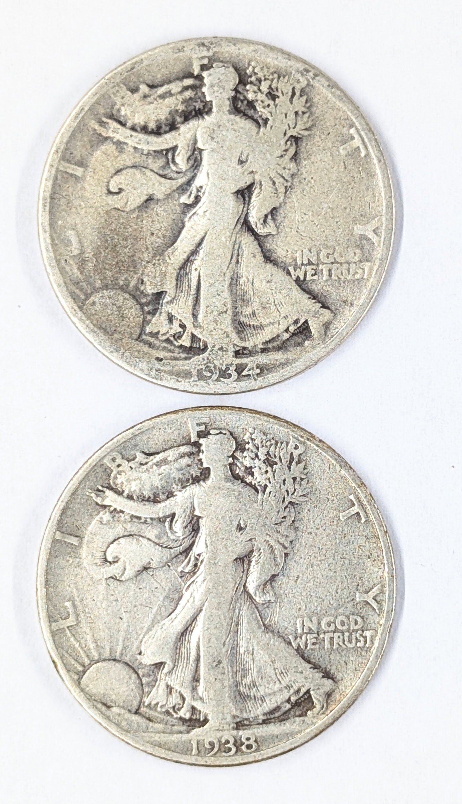 Lot of 2 Silver Walking Liberty Half Dollars - 1934 & 1938: _