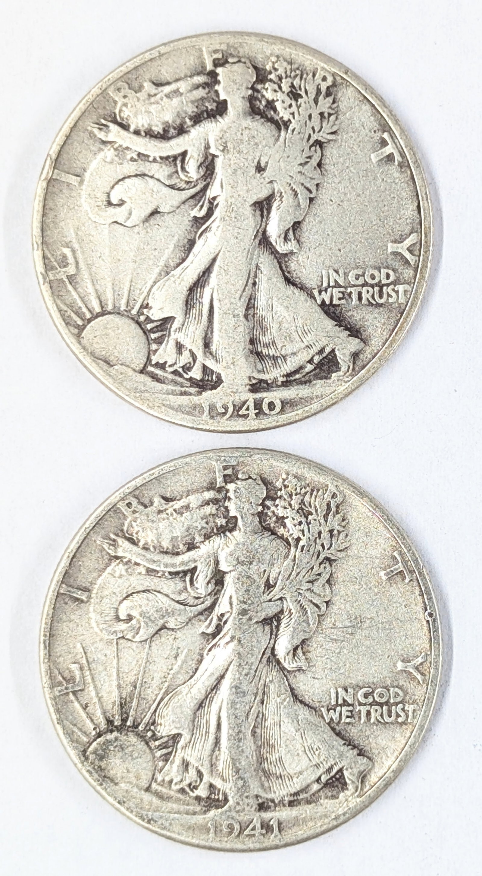 Lot of 2 Silver Walking Liberty Half Dollars - 1940 & 1941: _