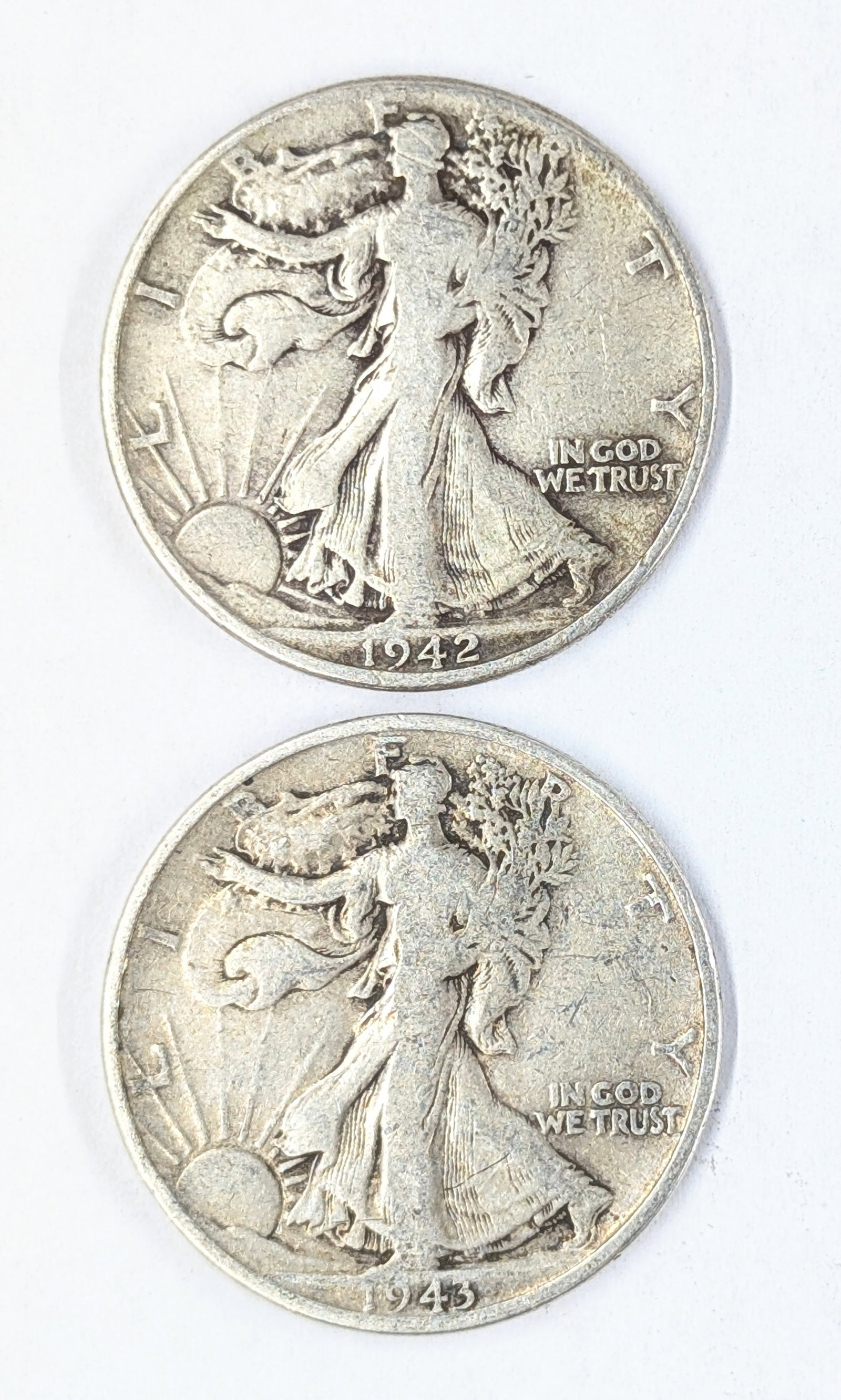 Lot of 2 Silver Walking Liberty Half Dollars - 1942 & 1943-S: _