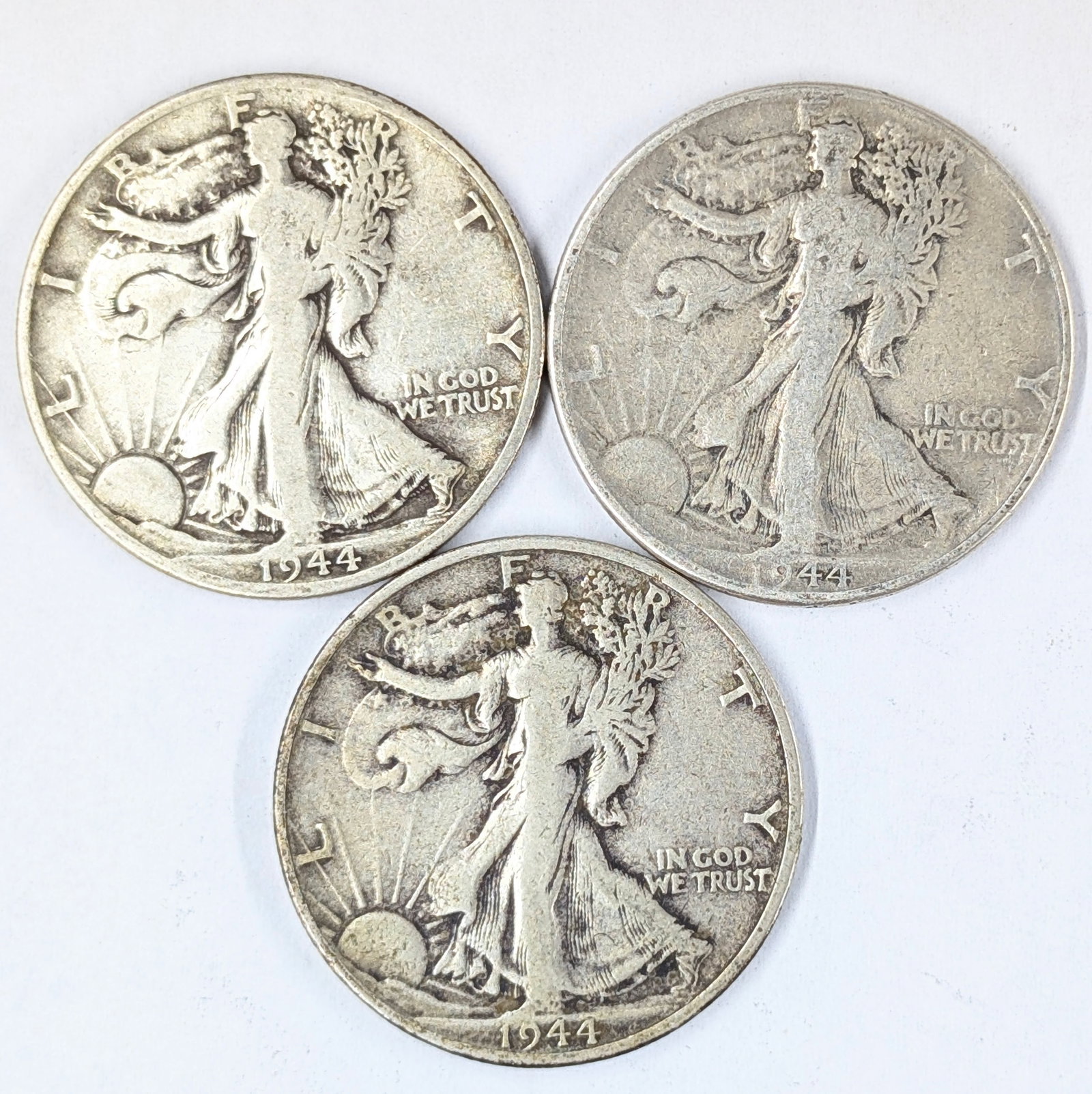 Lot of 3 Silver Walking Liberty Half Dollars - 1944 D/S/P: _