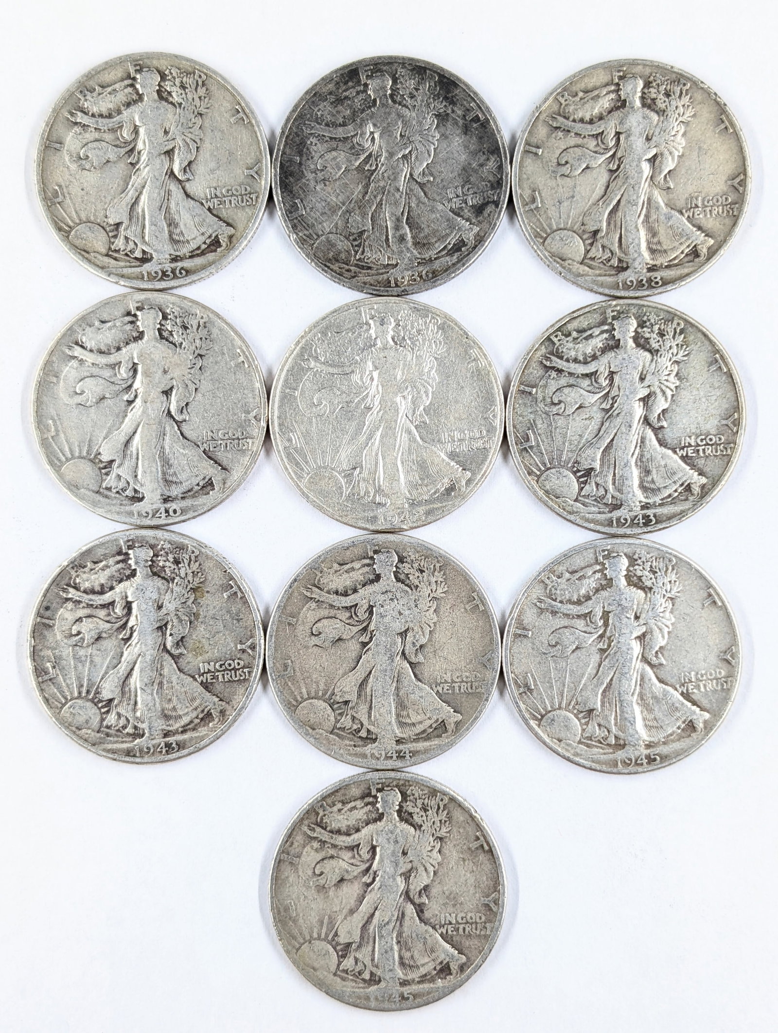 Lot of 10 mixed Dates 30's and 40's Silver Walking Liberty Half Dollars: _