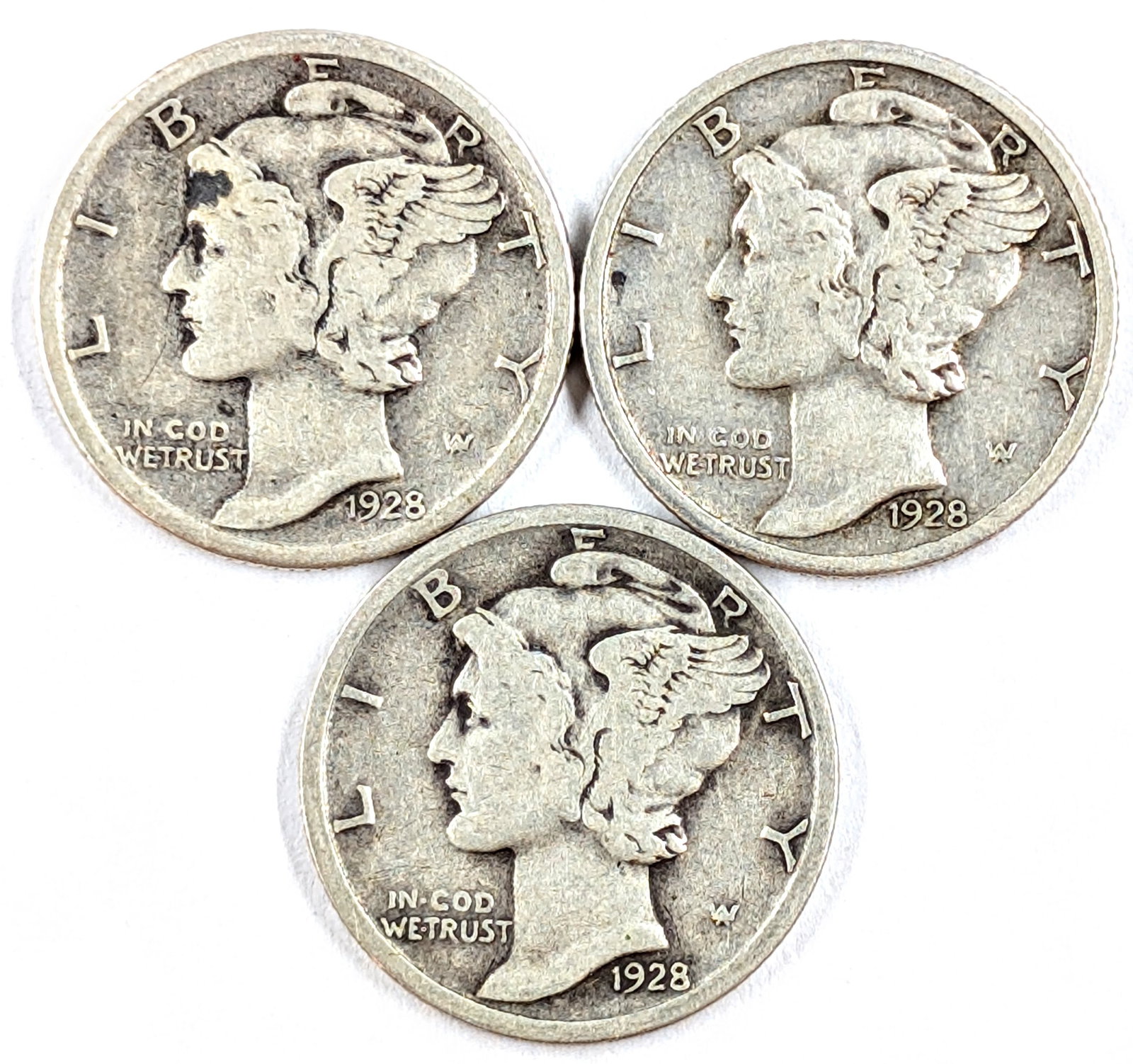 Lot of 3 Silver Mercury Dimes 1928 P/D/S (1 of 2)