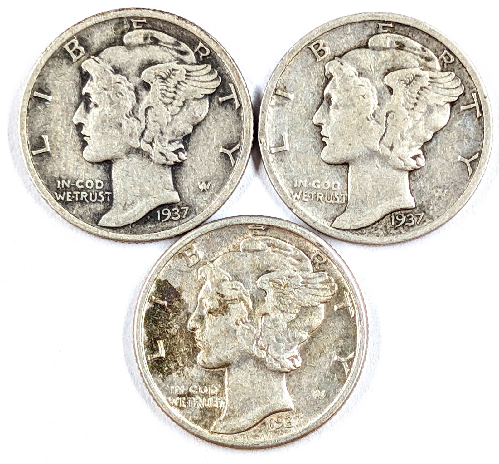 Lot of 3 Silver Mercury Dimes 1937 P/D/S: _