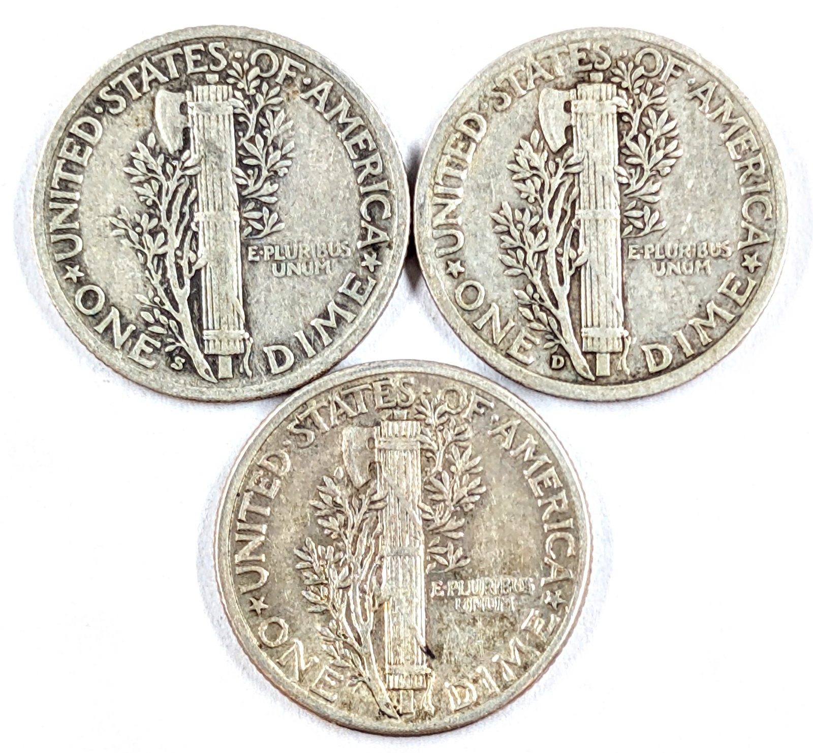 Lot of 3 Silver Mercury Dimes 1937 P/D/S - 2