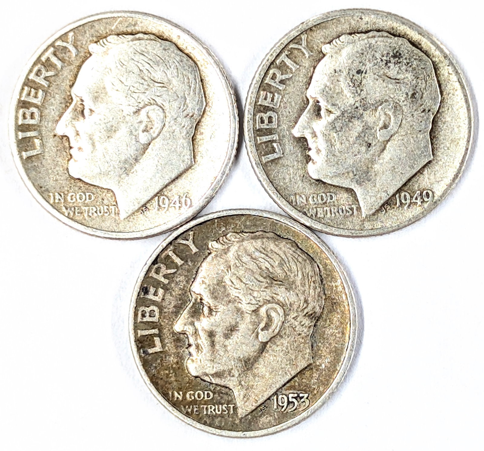 Lot of 3 Silver Roosevelt Dimes - 1946, 1949 and 1953: _
