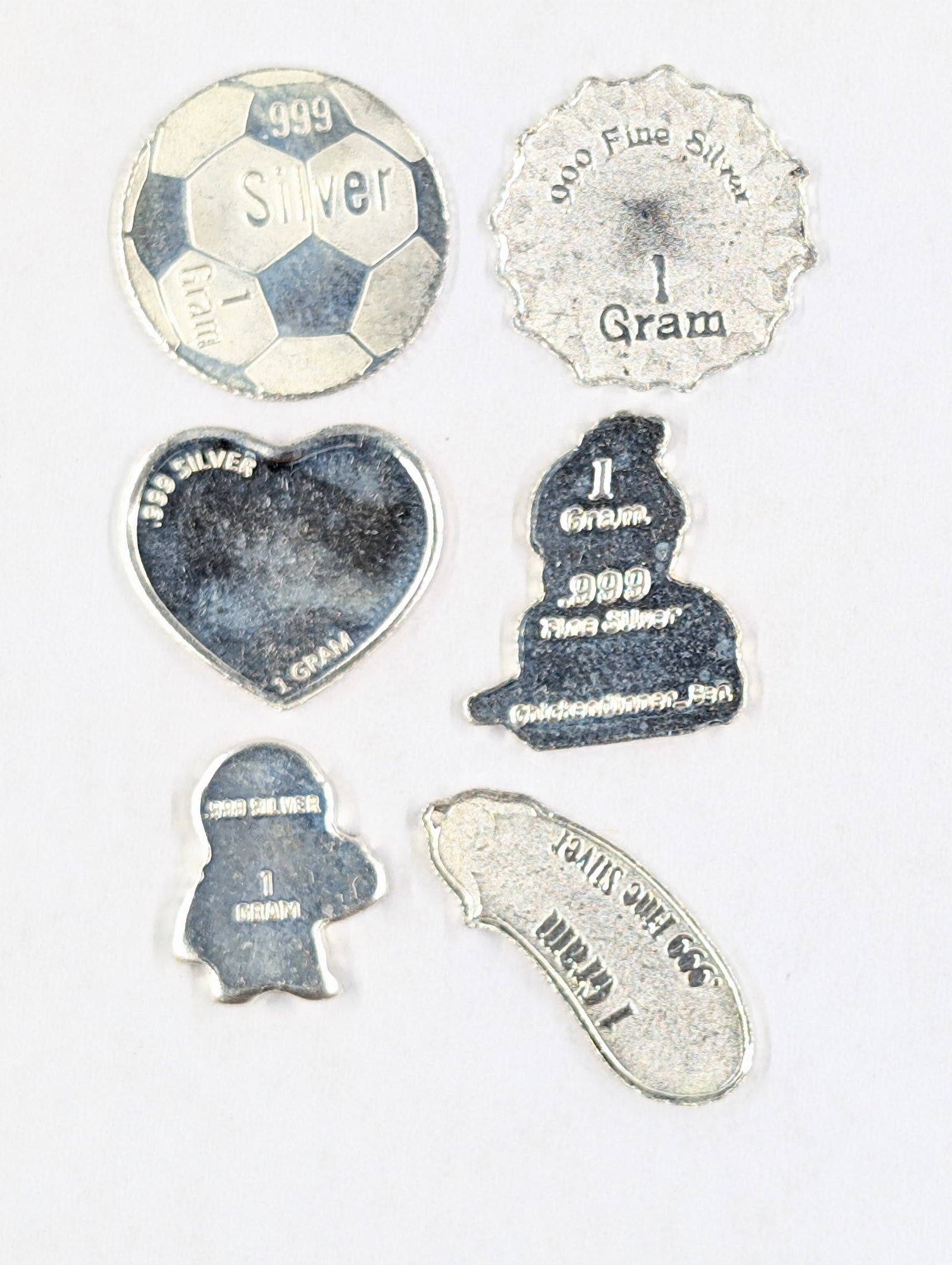 Lot of 6, one-gram Fine .999 Silver pieces - 2