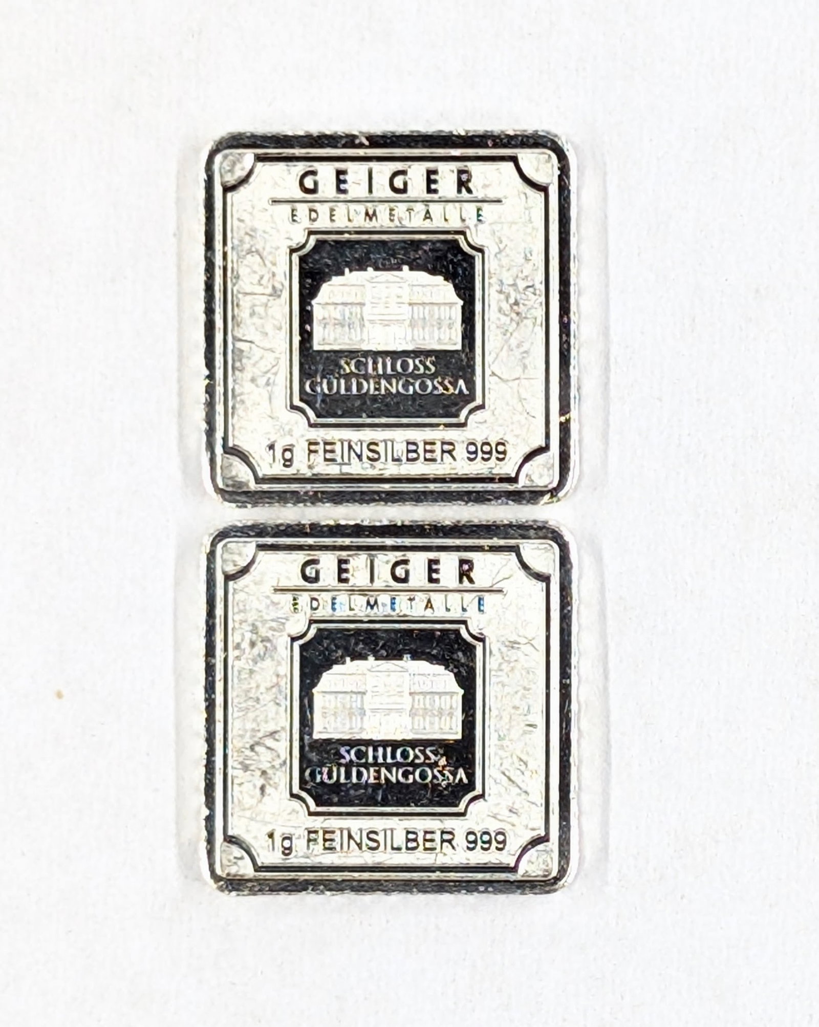 Lot of 2, 1 gram Geiger Fine .999 Silver pieces: _