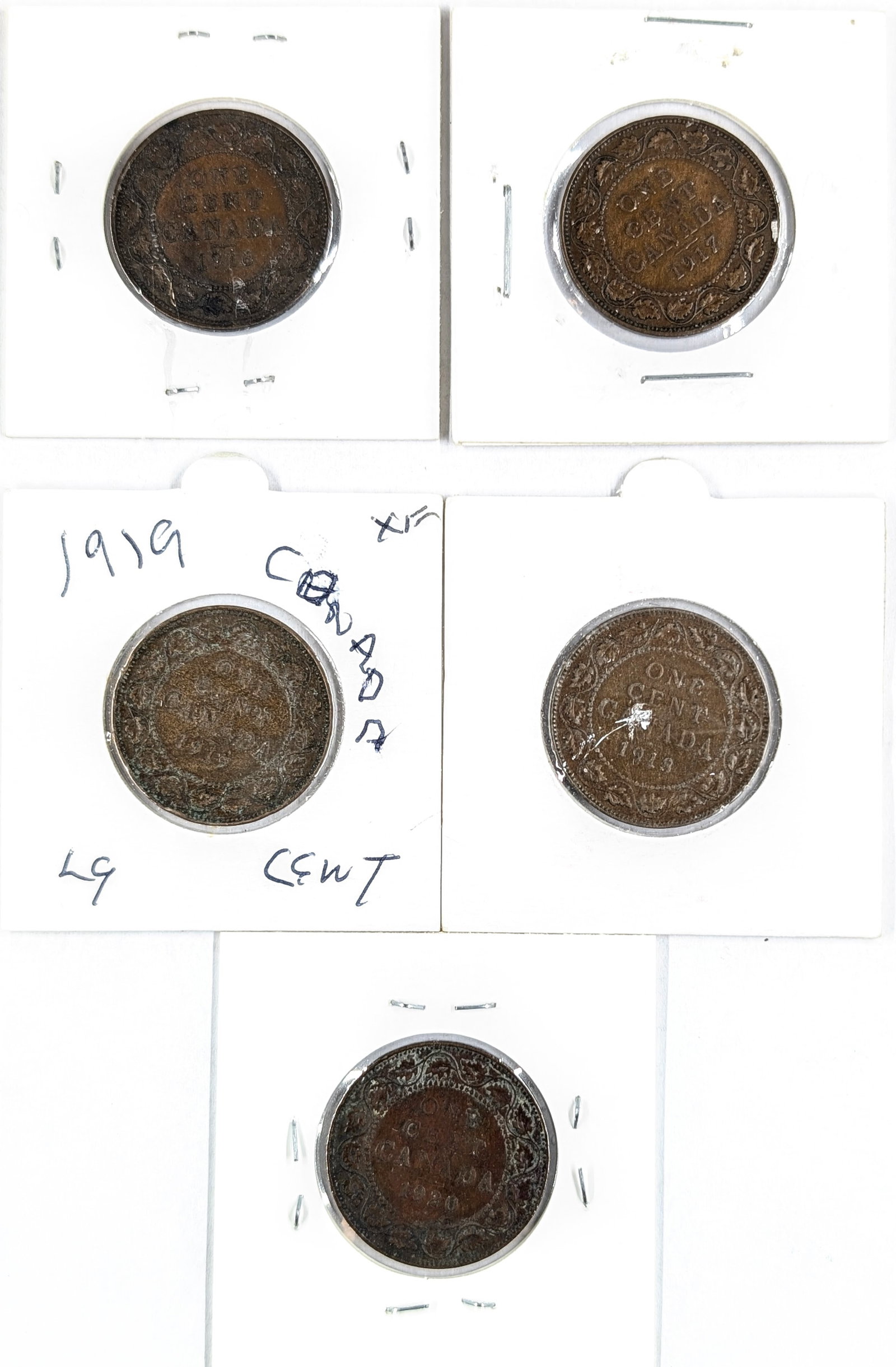 Lot of 5 Canadian Large Cents- 1916-1920 - 2