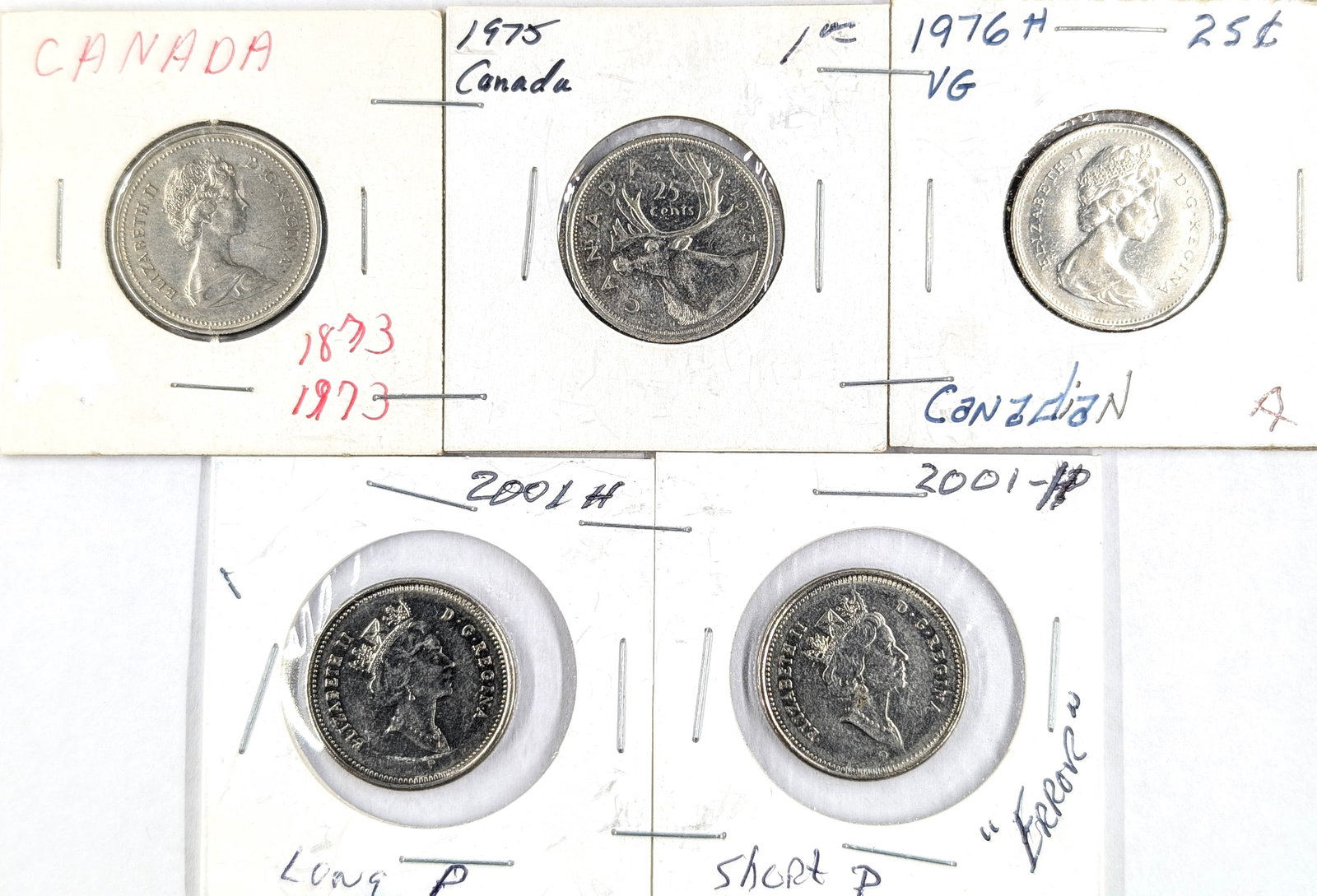 Lot of 5 Canadian Quarters- 1873-2001: _