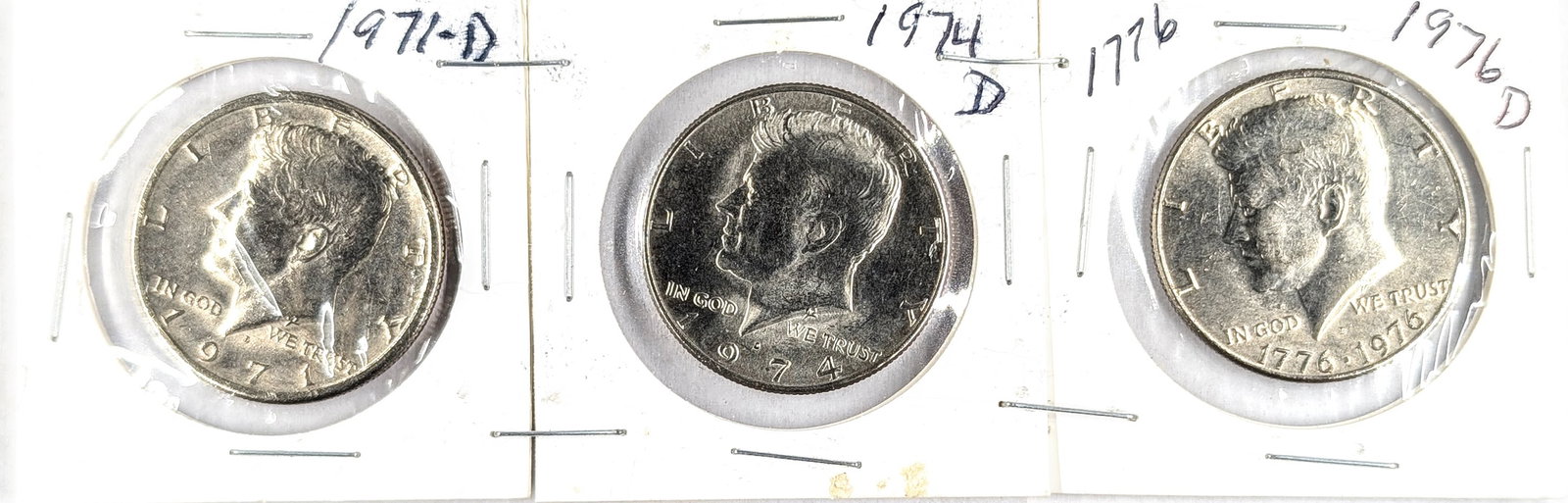 Lot of 3 Uncirculated JFK Half Dollars- 1971-D, 1974-D, 1976-D: _