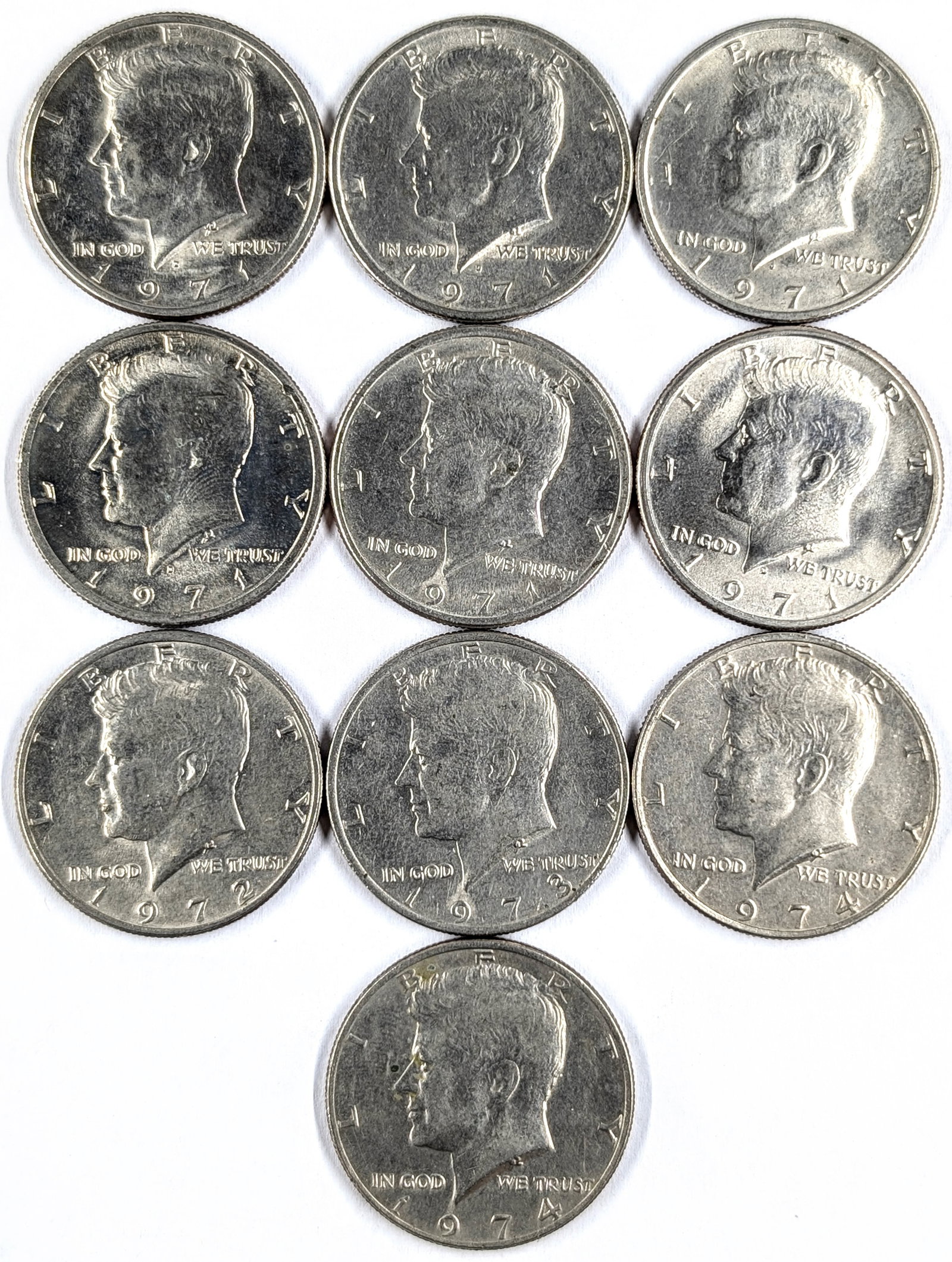 Lot of 10 JFK Half Dollars- 1971-1974: _