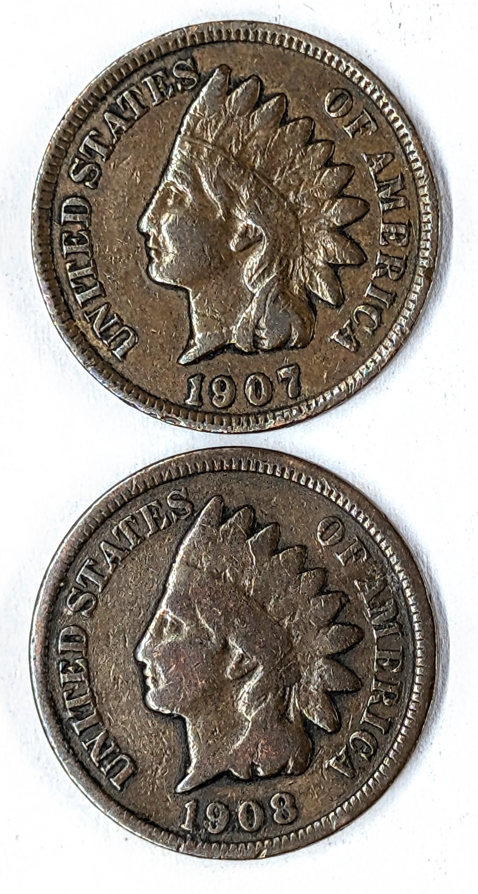 Lot of 2 Indian Head Cents- 1907, 1908: _