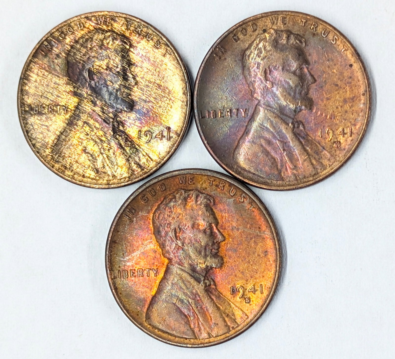 Lot of 3 Toned Wheat Cents- 1941 P/D/S: _