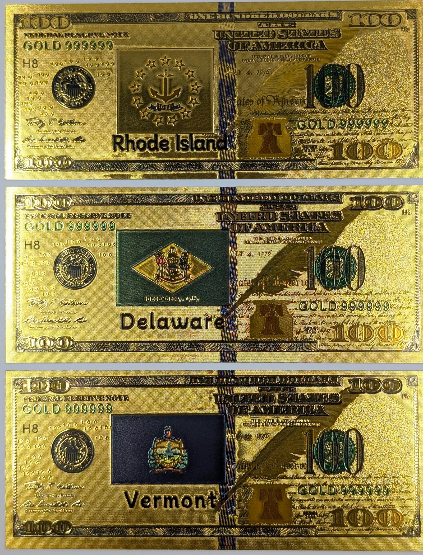 Lot of 3 State Flags Gold Foils- RI, DE, VT: _