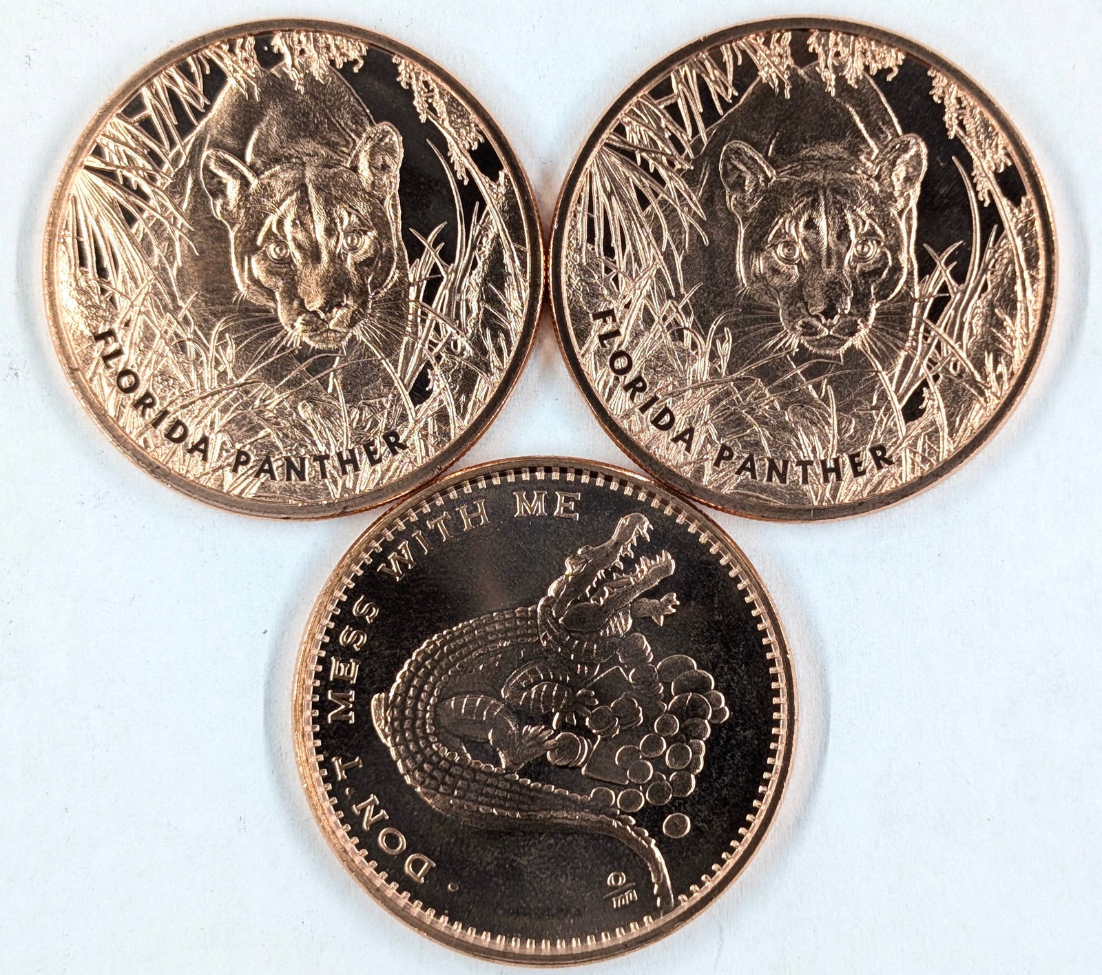 Lot of 3 - 1 Ounce (each) Fine .999 Copper Rounds - FL Panther(2), Don't Mess w/ Me: _