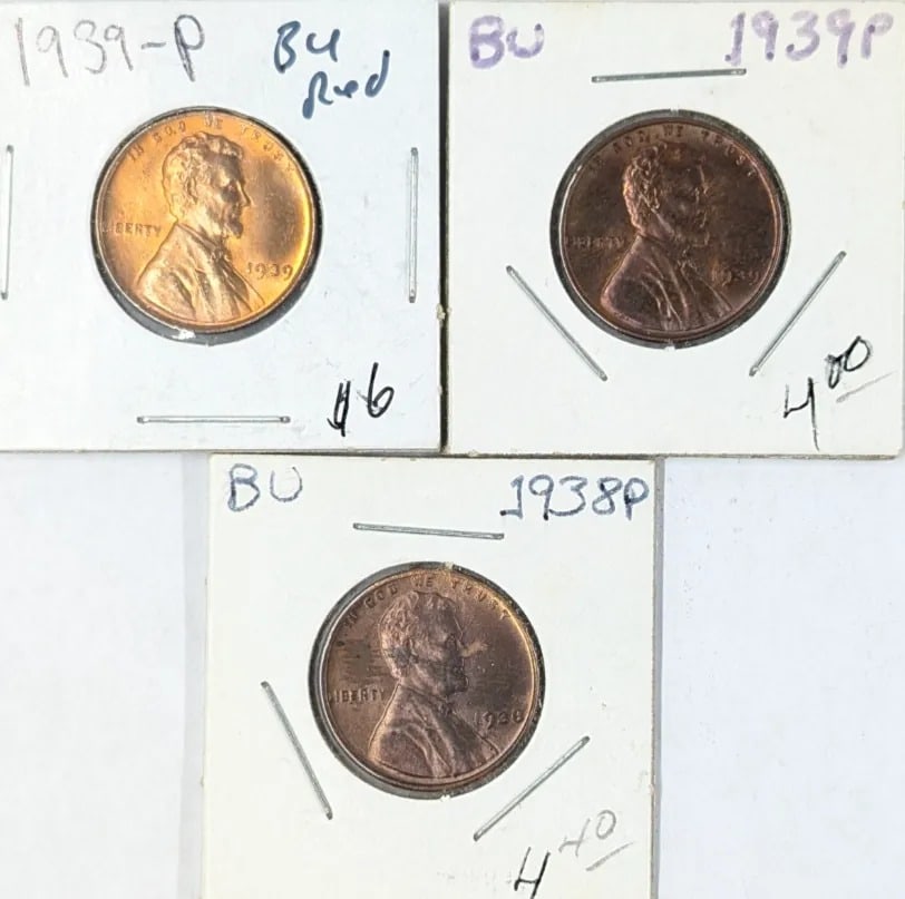 Lot of 3 Wheat Cents- 1939(2), 1938: _