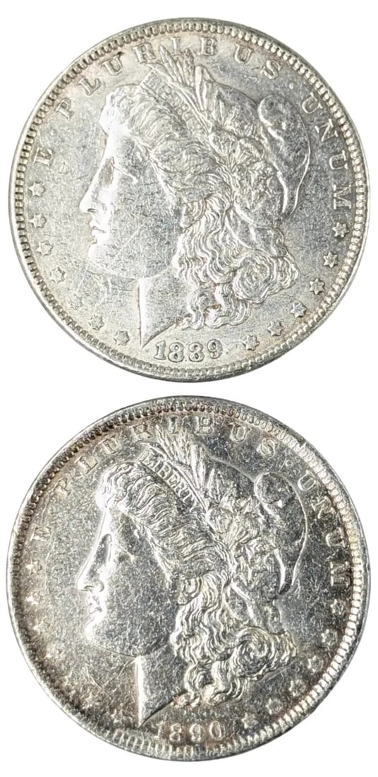 Lot of 2 Morgan Silver Dollars - 1889, 1890: _