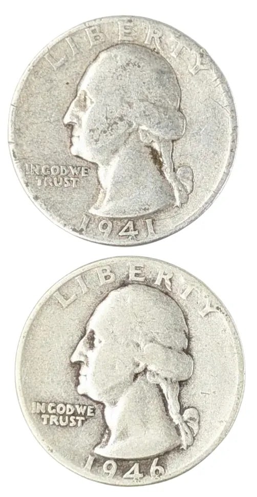 Lot of 2 Silver Washington Quarters - 1941, 1946: _