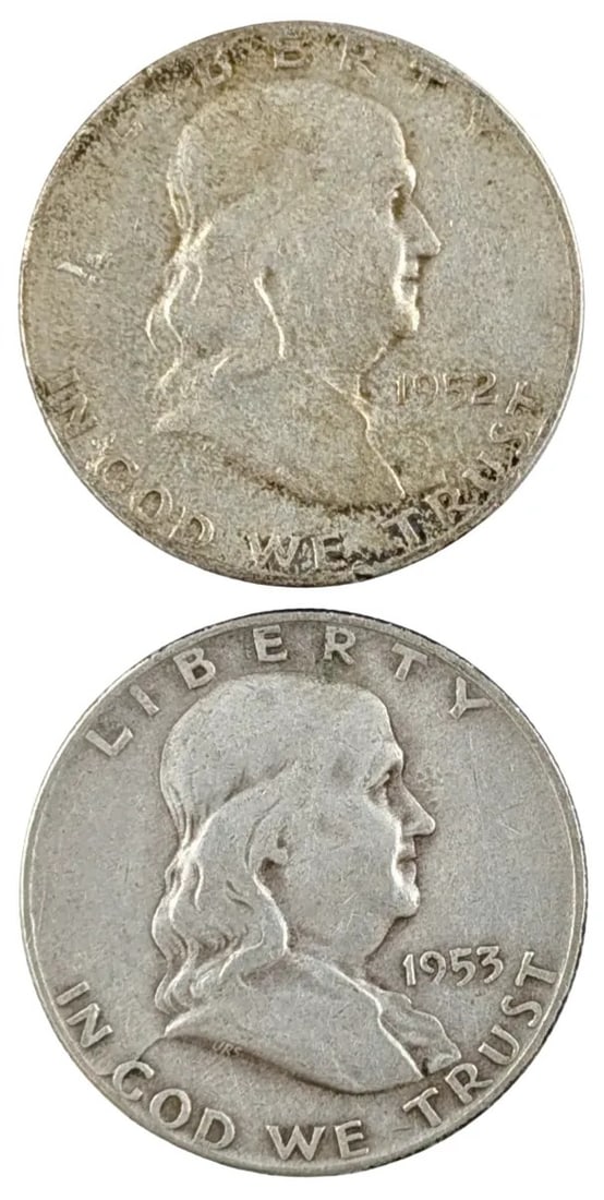 Lot of 2 Silver Franklin Half Dollars -1952-S, 1953-D: _