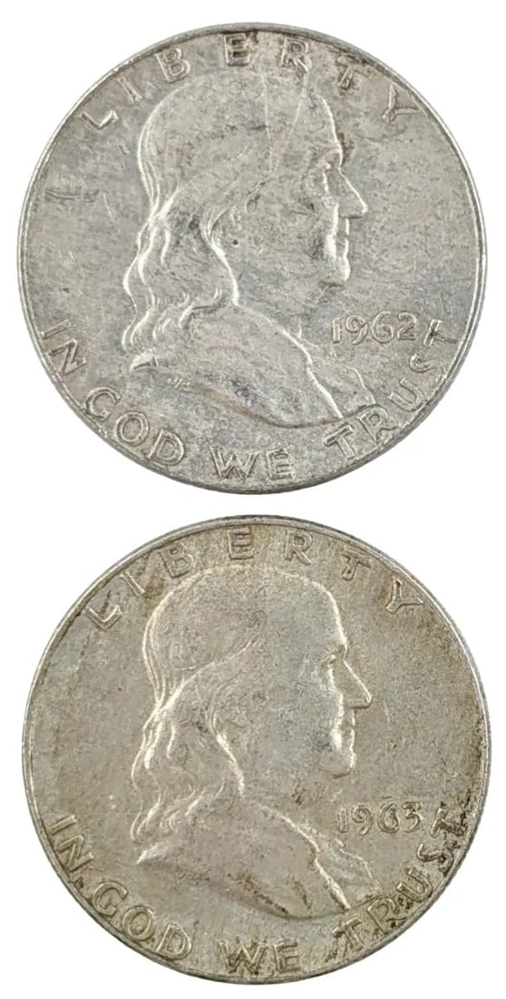 Lot of 2 Silver Franklin Half Dollars - 1962-D, 1963-D: _