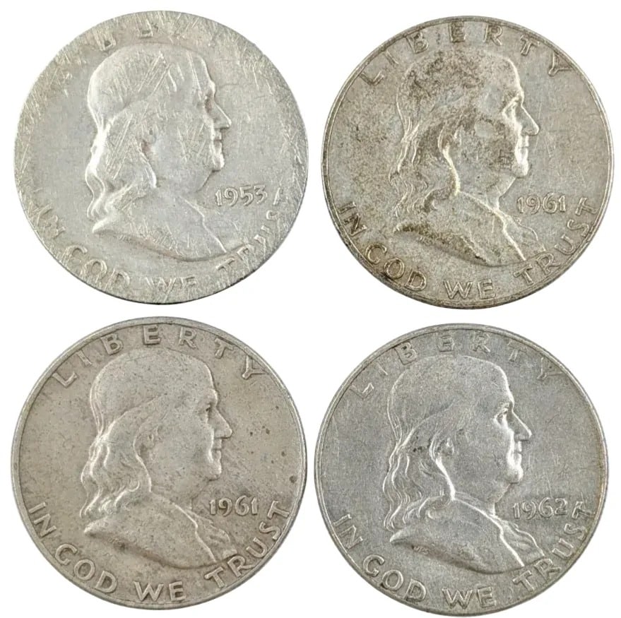 Lot of 4 Silver Franklin Half Dollars - 1953-1962: _