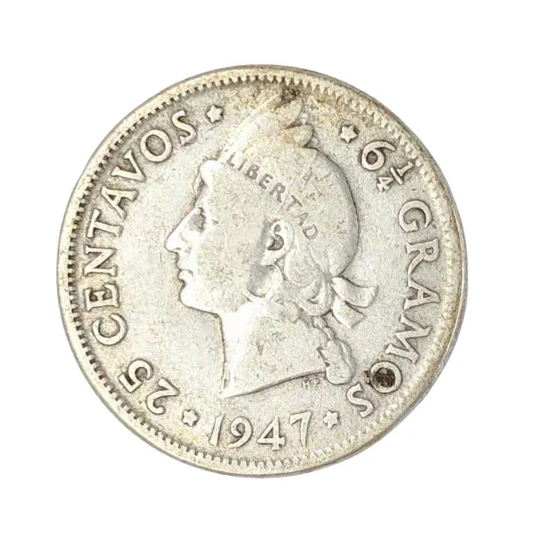 1947 Silver Dominican Republic 25 Centavos: 90% Silver