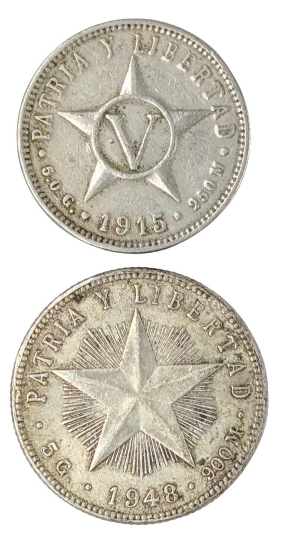 Lot of 2 Silver Cuban 20 Centavos Coins- 1915, 1948: 90% Silver