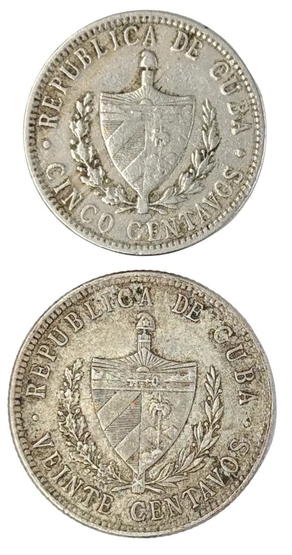 Lot of 2 Silver Cuban 20 Centavos Coins- 1915, 1948 - 2