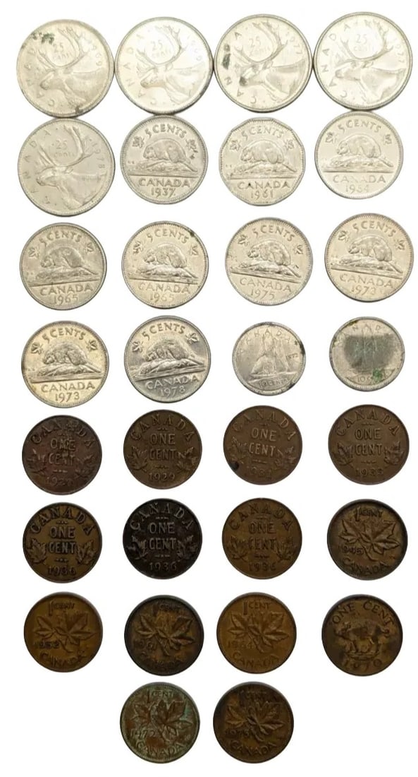 Large Lot of Canadian Quarters, Nickels, Dime, & Pennies- 1969-1975: _